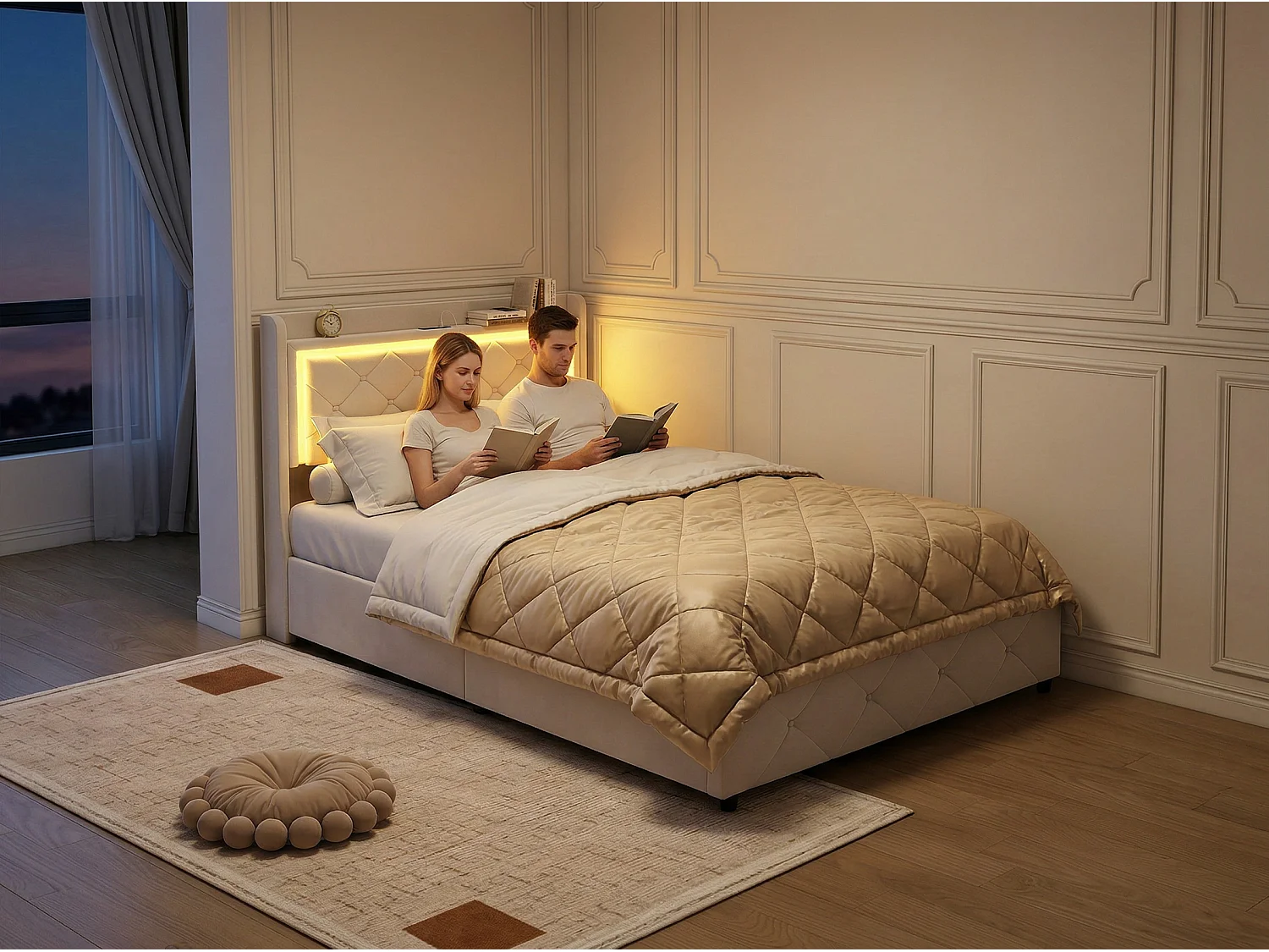 Lit coffre 90x200 cm - LED et USB - Lit double avec tête de lit rangement - Velours - Sommier inclus