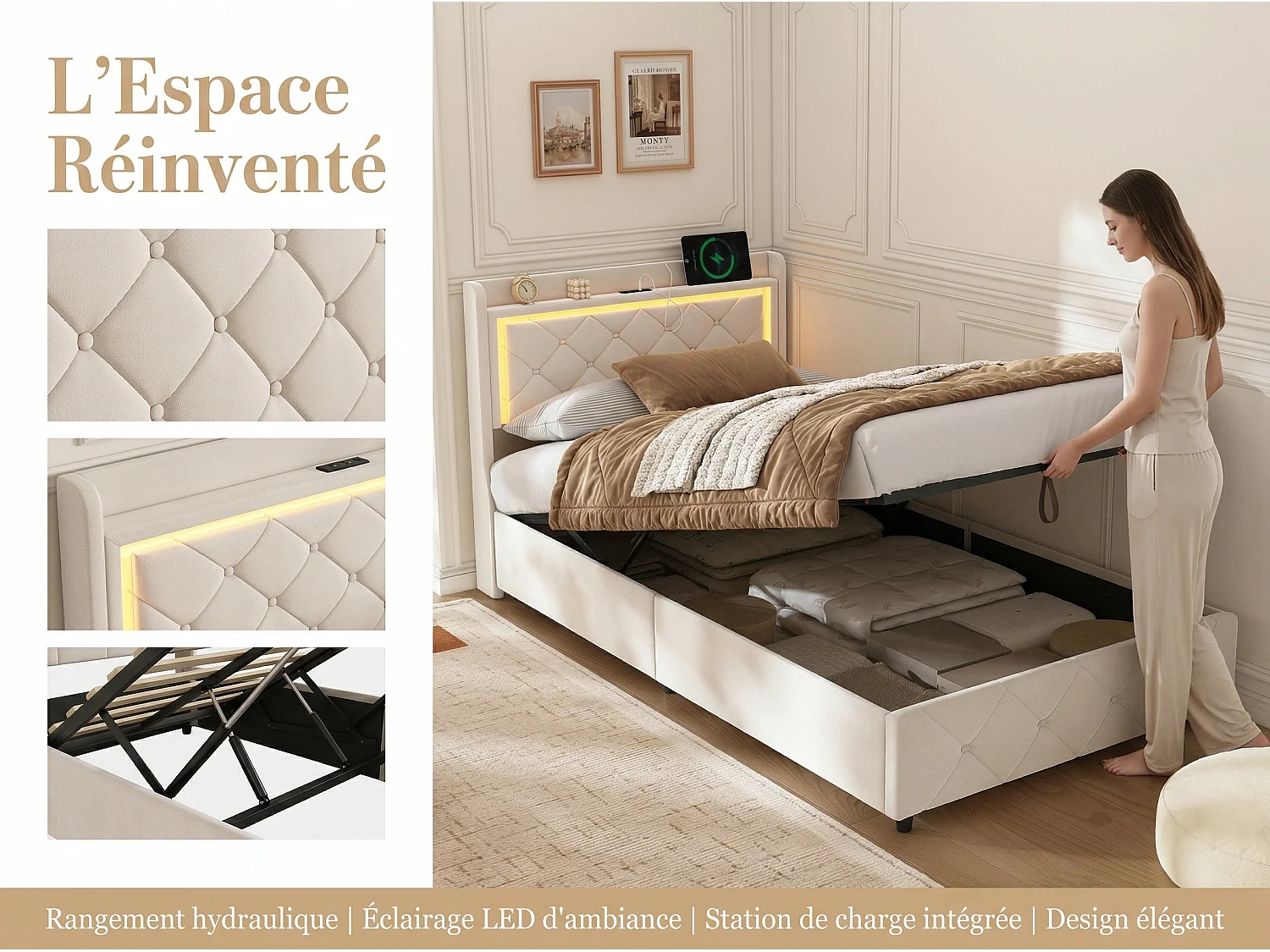 Lit coffre 90x200 cm - LED et USB - Lit double avec tête de lit rangement - Velours - Sommier inclus