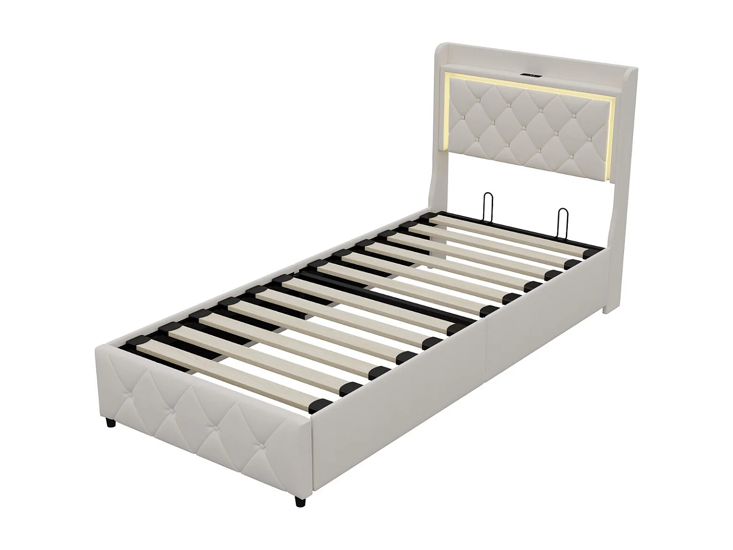 Lit coffre 90x200 cm - LED et USB - Lit double avec tête de lit rangement - Velours - Sommier inclus