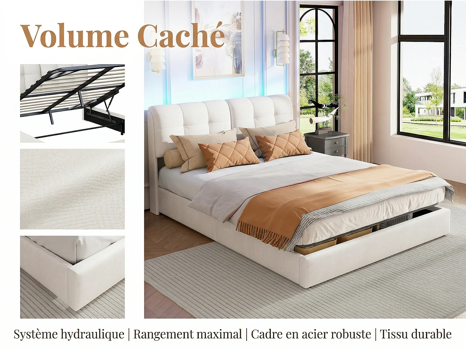 Lit coffre 140x200 cm beige - avec tête de lit rembourrée, lit double avec sommier relevable