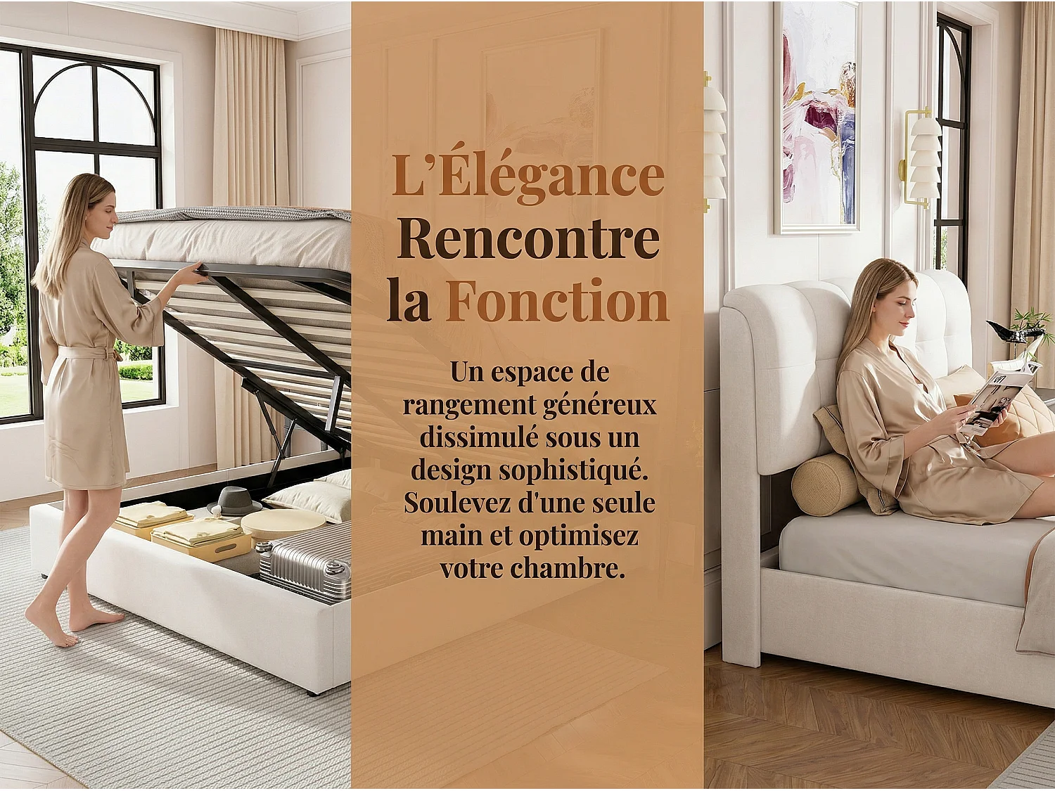 Lit coffre 140x200 cm beige - avec tête de lit rembourrée, lit double avec sommier relevable