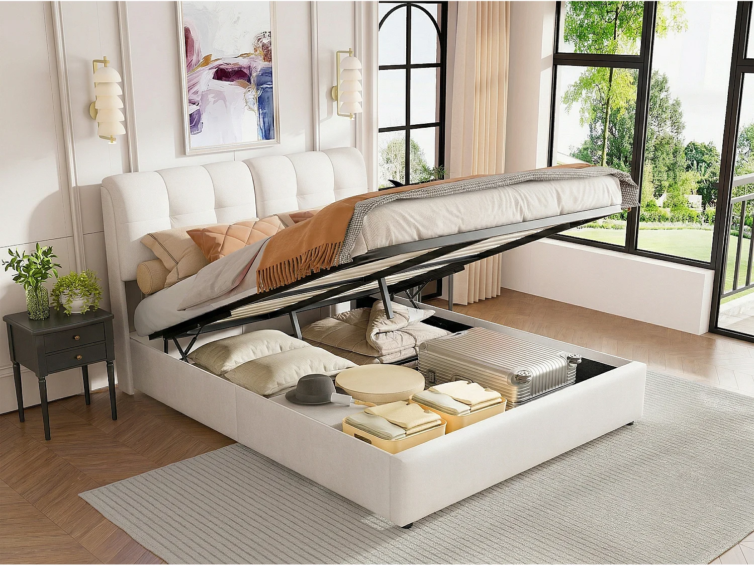 Lit coffre 140x200 cm beige - avec tête de lit rembourrée, lit double avec sommier relevable