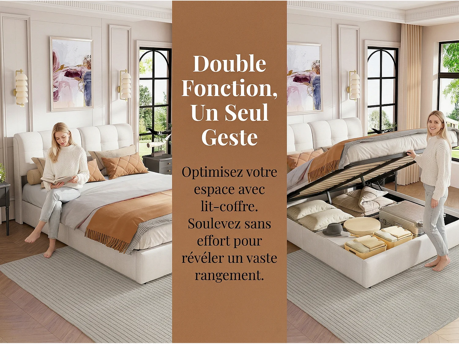 Lit coffre 140x200 cm beige - avec tête de lit rembourrée, lit double avec sommier relevable