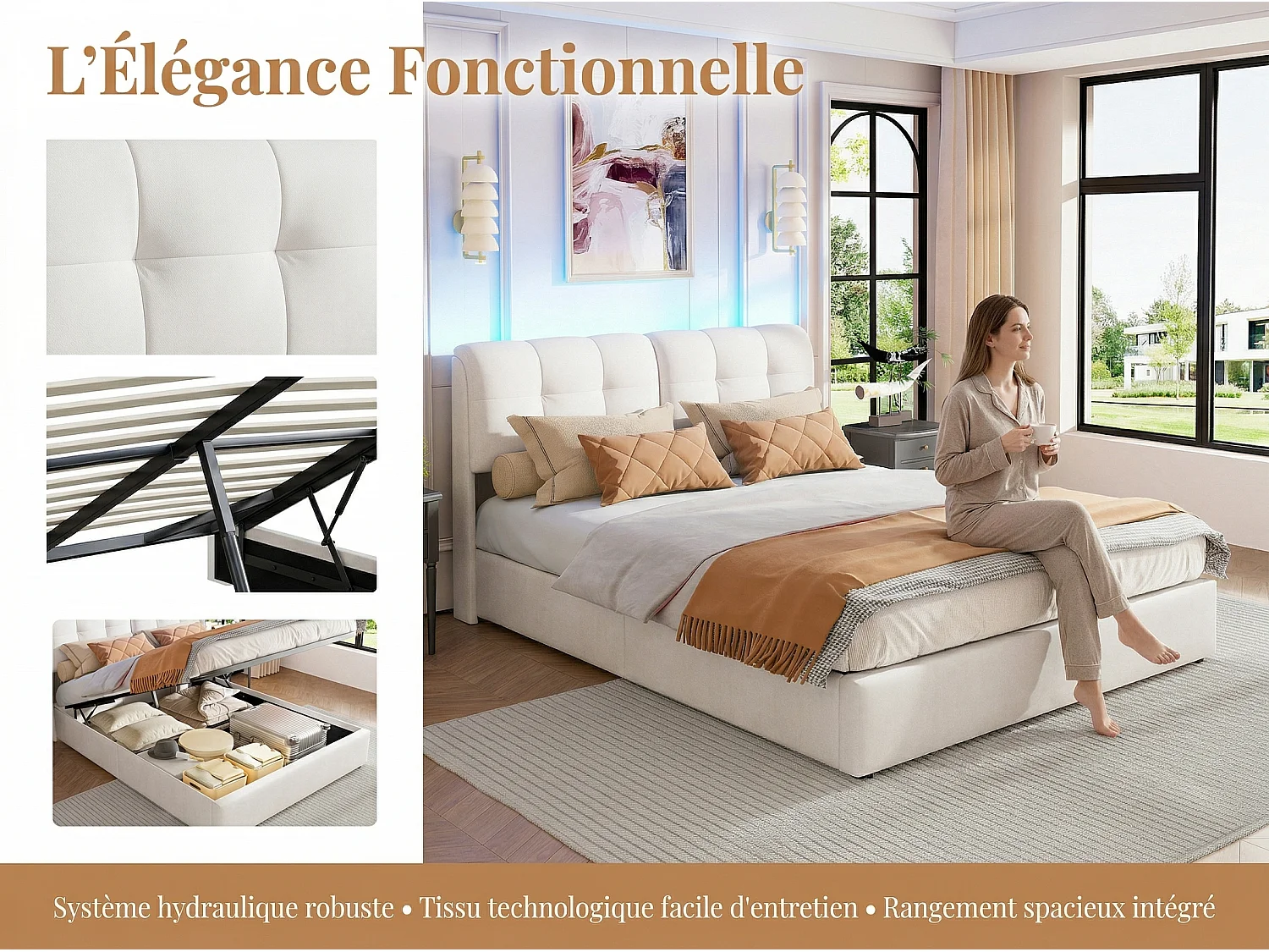 Lit coffre 140x200 cm beige - avec tête de lit rembourrée, lit double avec sommier relevable