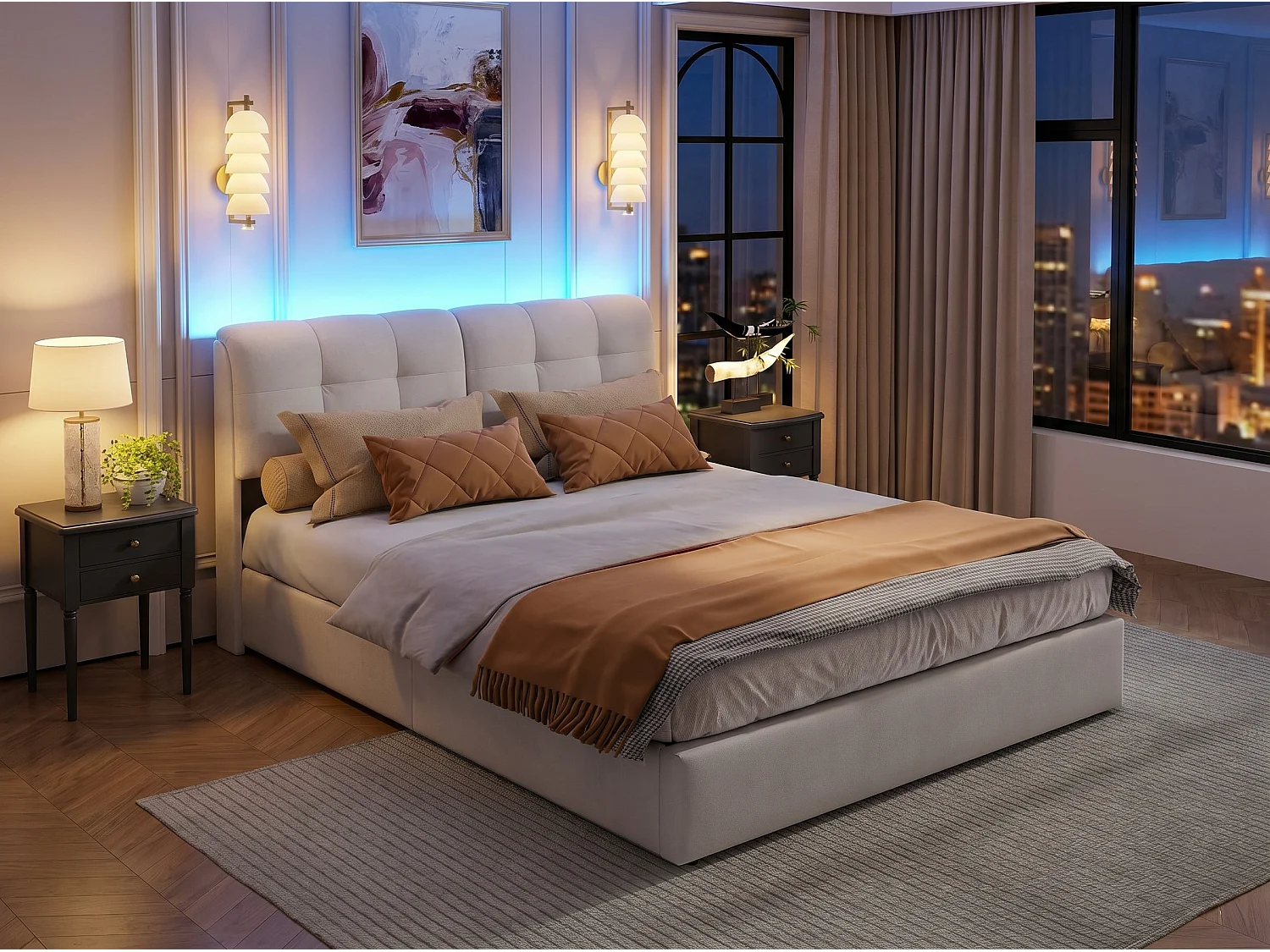 Lit coffre 140x200 cm beige - avec tête de lit rembourrée, lit double avec sommier relevable