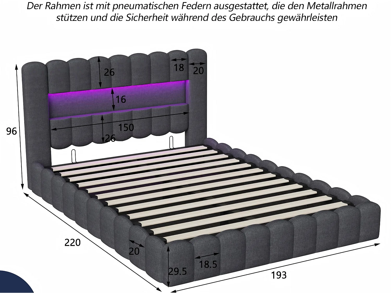 Lit coffre 180x200 cm - Lit rembourré gris avec LED et port USB - Sommier relevable - Grand rangement - Matelas non inclus