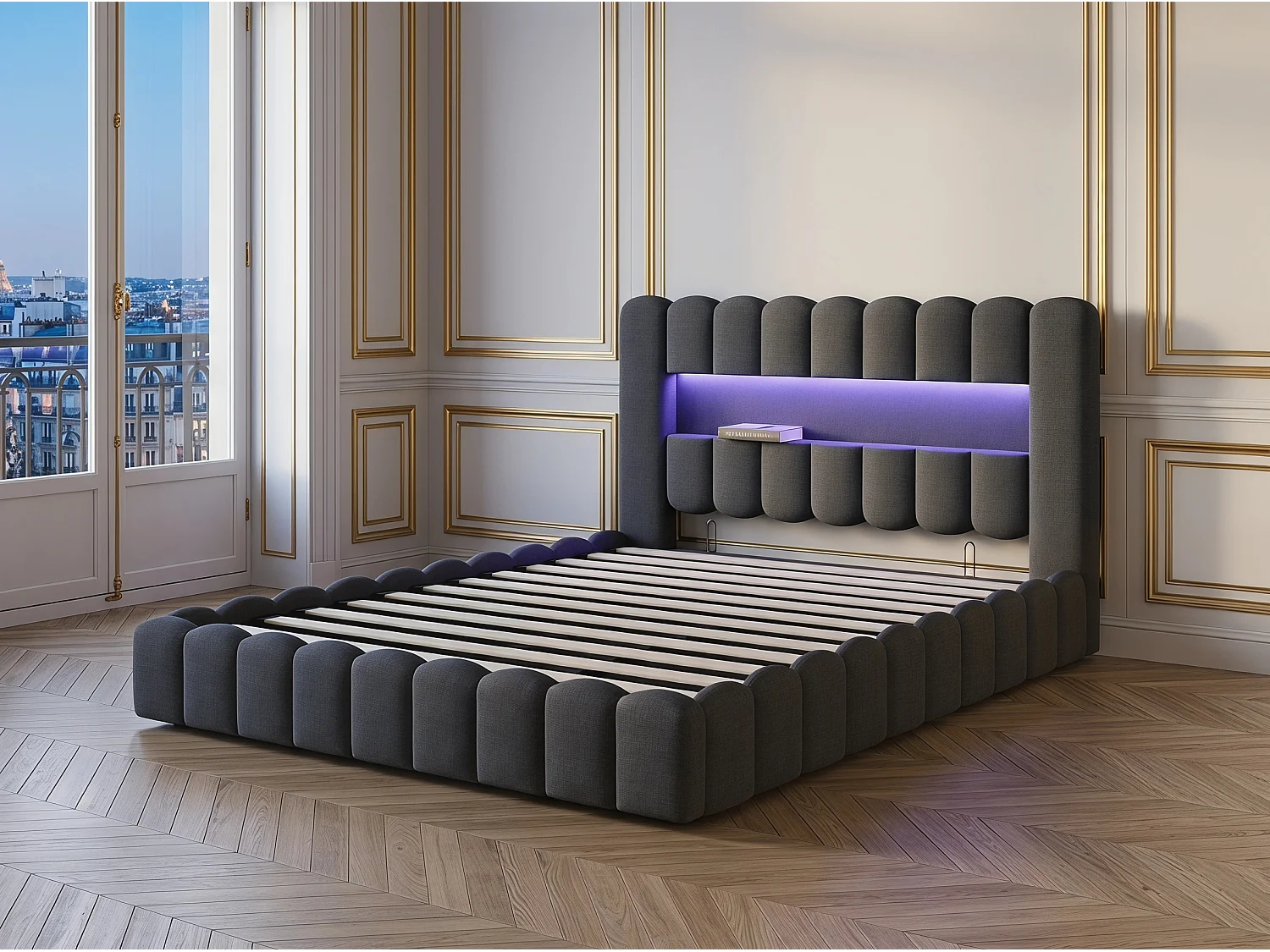 Lit coffre 180x200 cm - Lit rembourré gris avec LED et port USB - Sommier relevable - Grand rangement - Matelas non inclus
