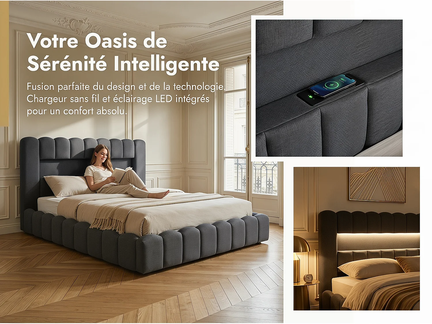 Lit coffre 180x200 cm - Lit rembourré gris avec LED et port USB - Sommier relevable - Grand rangement - Matelas non inclus