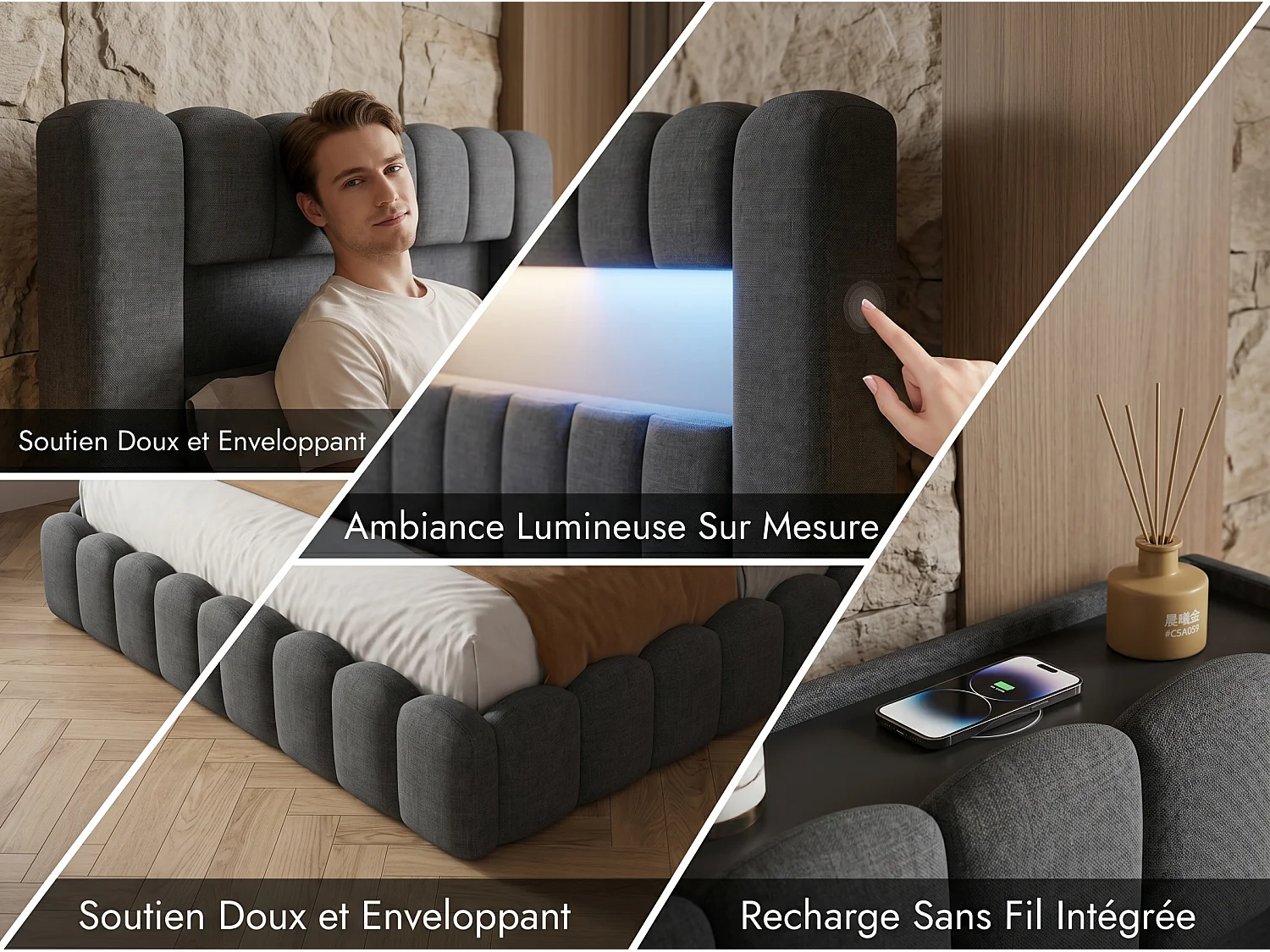 Lit coffre 180x200 cm - Lit rembourré gris avec LED et port USB - Sommier relevable - Grand rangement - Matelas non inclus