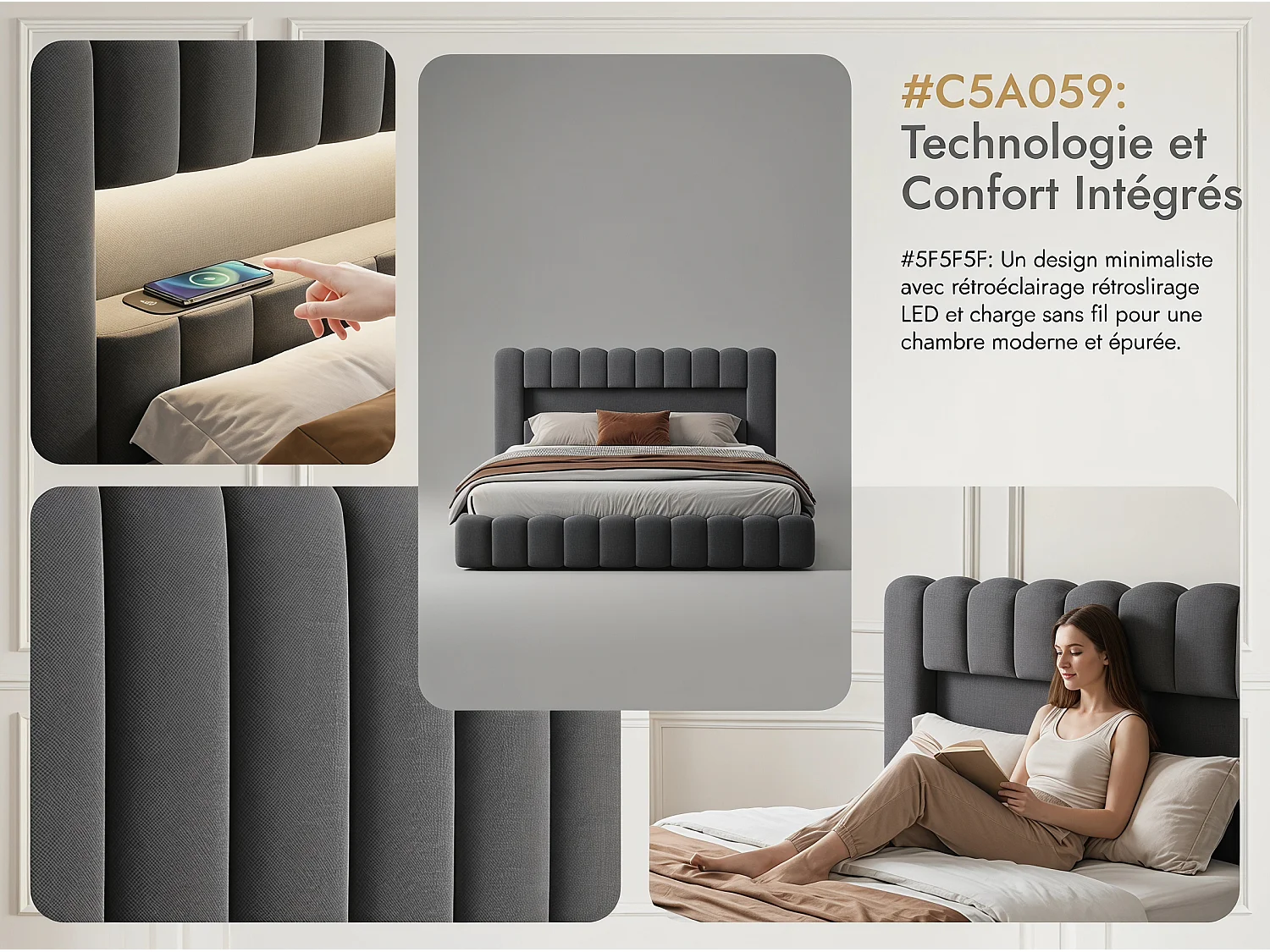 Lit coffre 180x200 cm - Lit rembourré gris avec LED et port USB - Sommier relevable - Grand rangement - Matelas non inclus