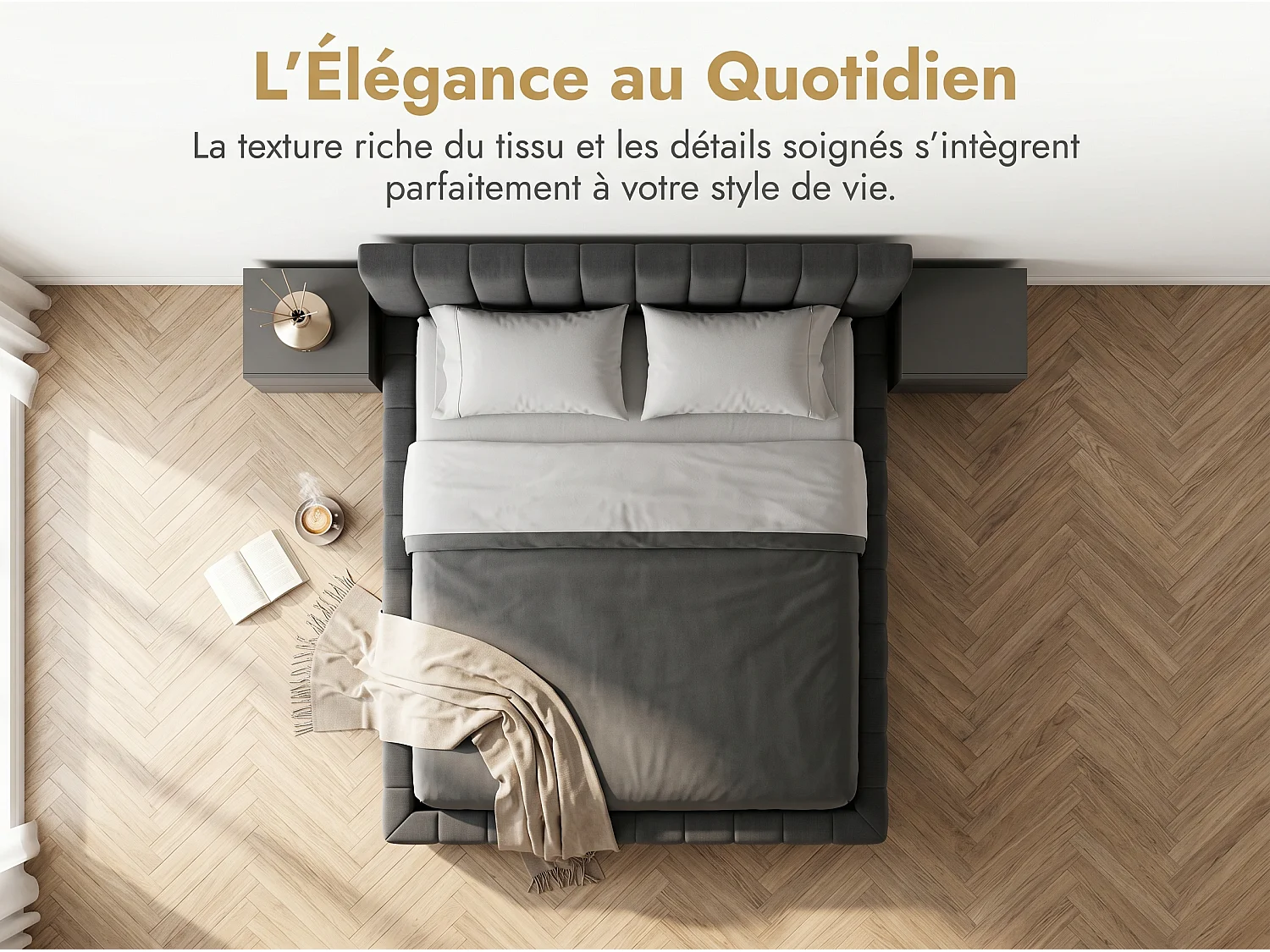 Lit coffre 180x200 cm - Lit rembourré gris avec LED et port USB - Sommier relevable - Grand rangement - Matelas non inclus