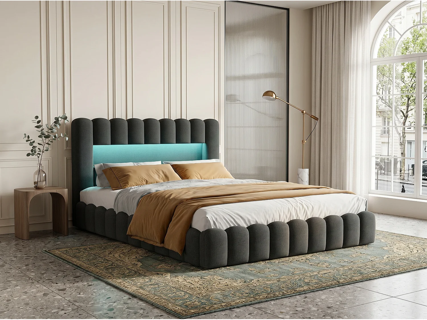 Lit coffre 180x200 cm - Lit rembourré gris avec LED et port USB - Sommier relevable - Grand rangement - Matelas non inclus