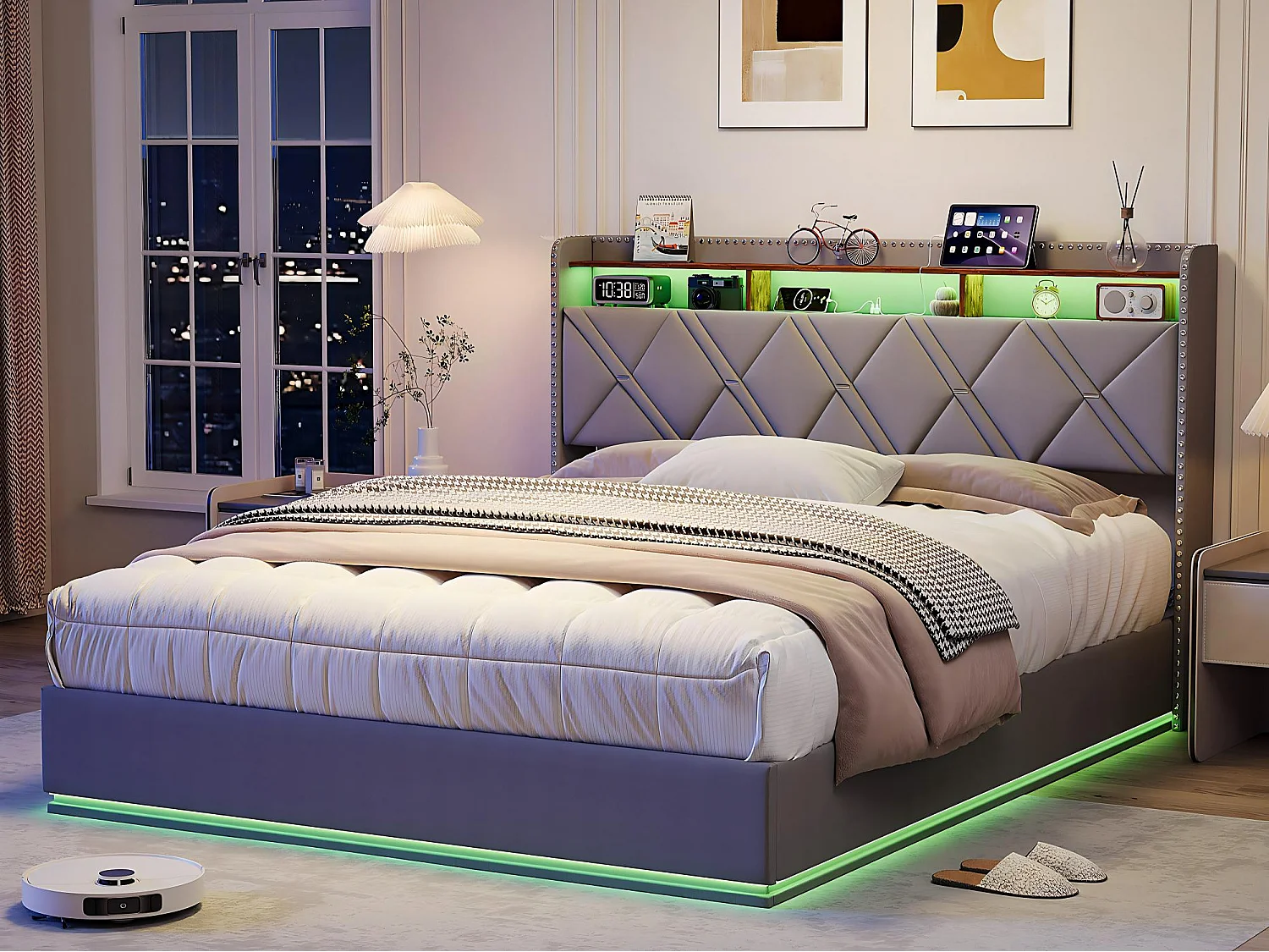 Lit coffre 140x200 cm - LED intégrée et rangement - Tête de lit avec étagères - Sommier relevable - Design moderne