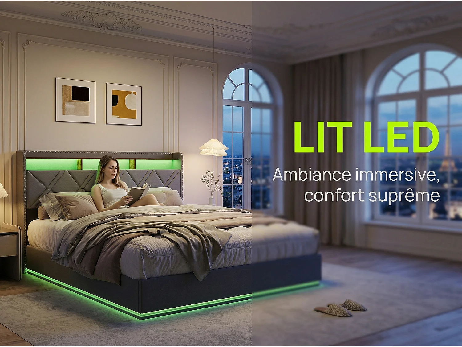 Lit coffre 140x200 cm - LED intégrée et rangement - Tête de lit avec étagères - Sommier relevable - Design moderne