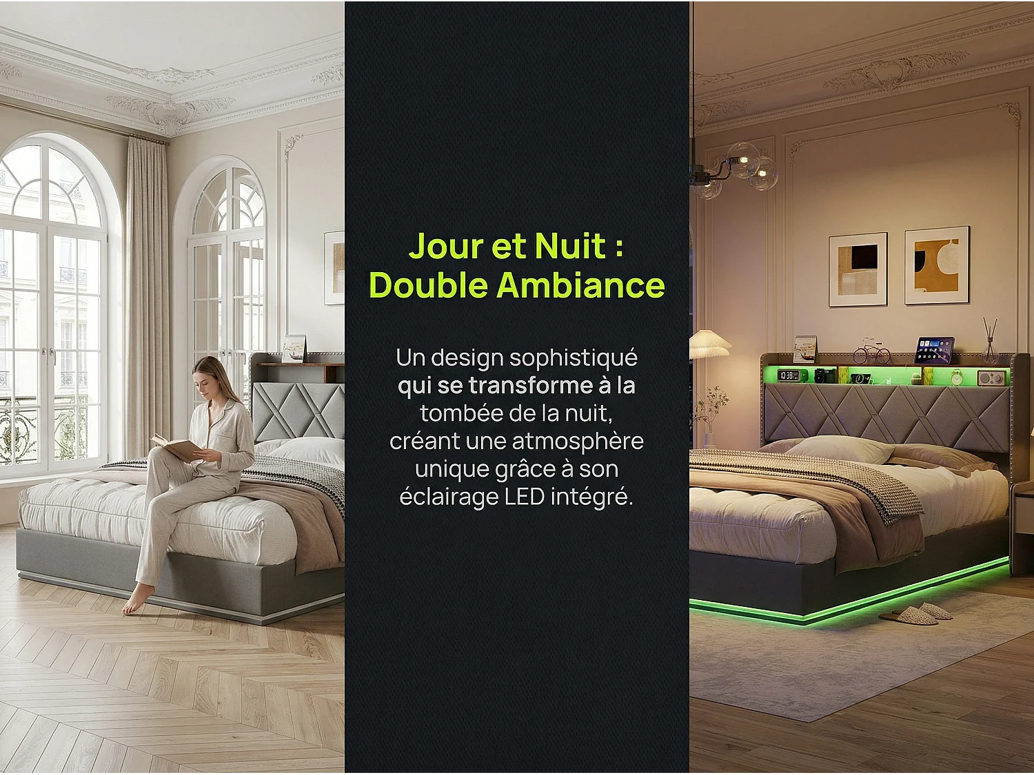Lit coffre 140x200 cm - LED intégrée et rangement - Tête de lit avec étagères - Sommier relevable - Design moderne