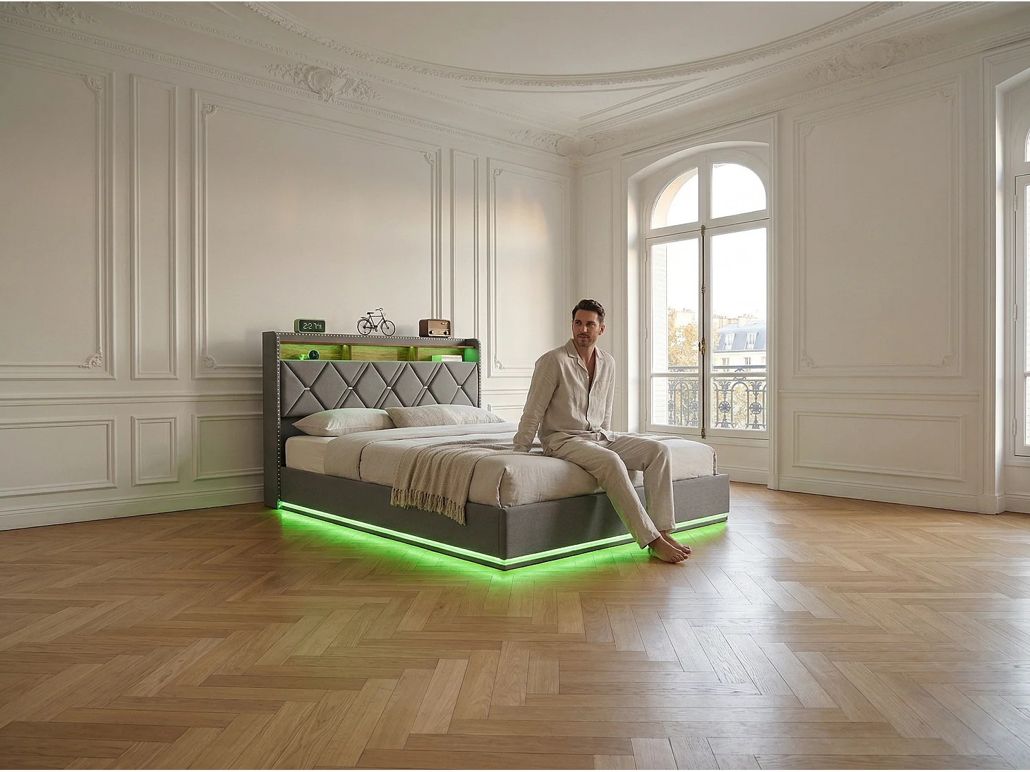 Lit coffre 140x200 cm - LED intégrée et rangement - Tête de lit avec étagères - Sommier relevable - Design moderne