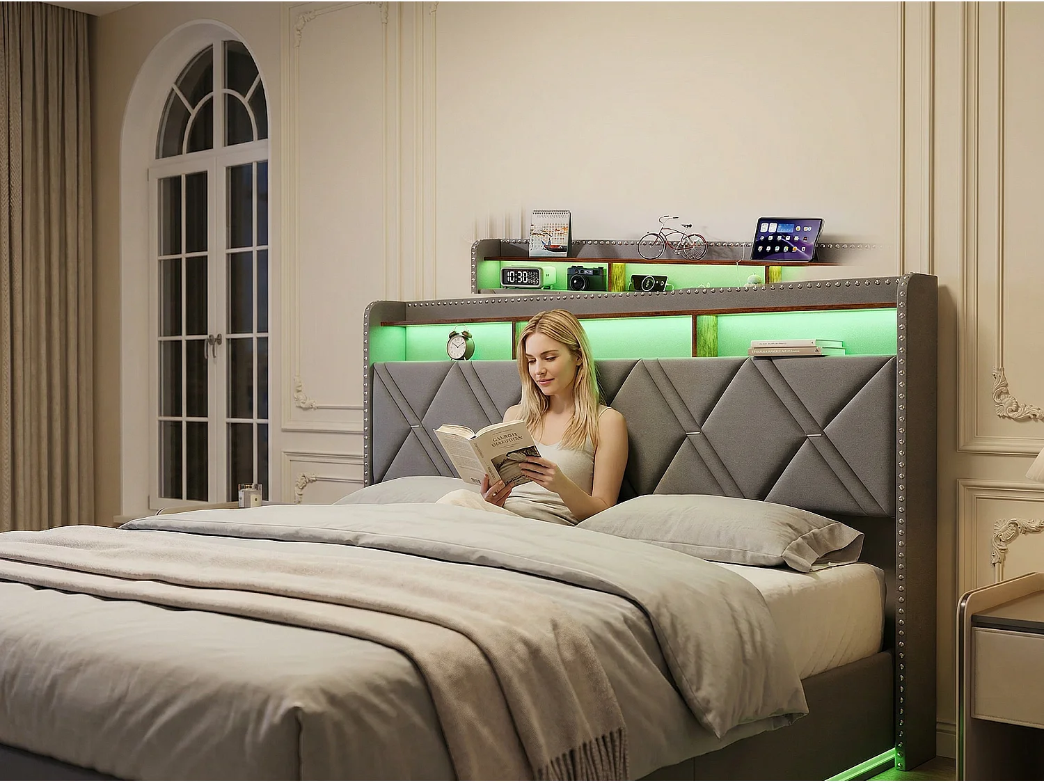 Lit coffre 140x200 cm - LED intégrée et rangement - Tête de lit avec étagères - Sommier relevable - Design moderne