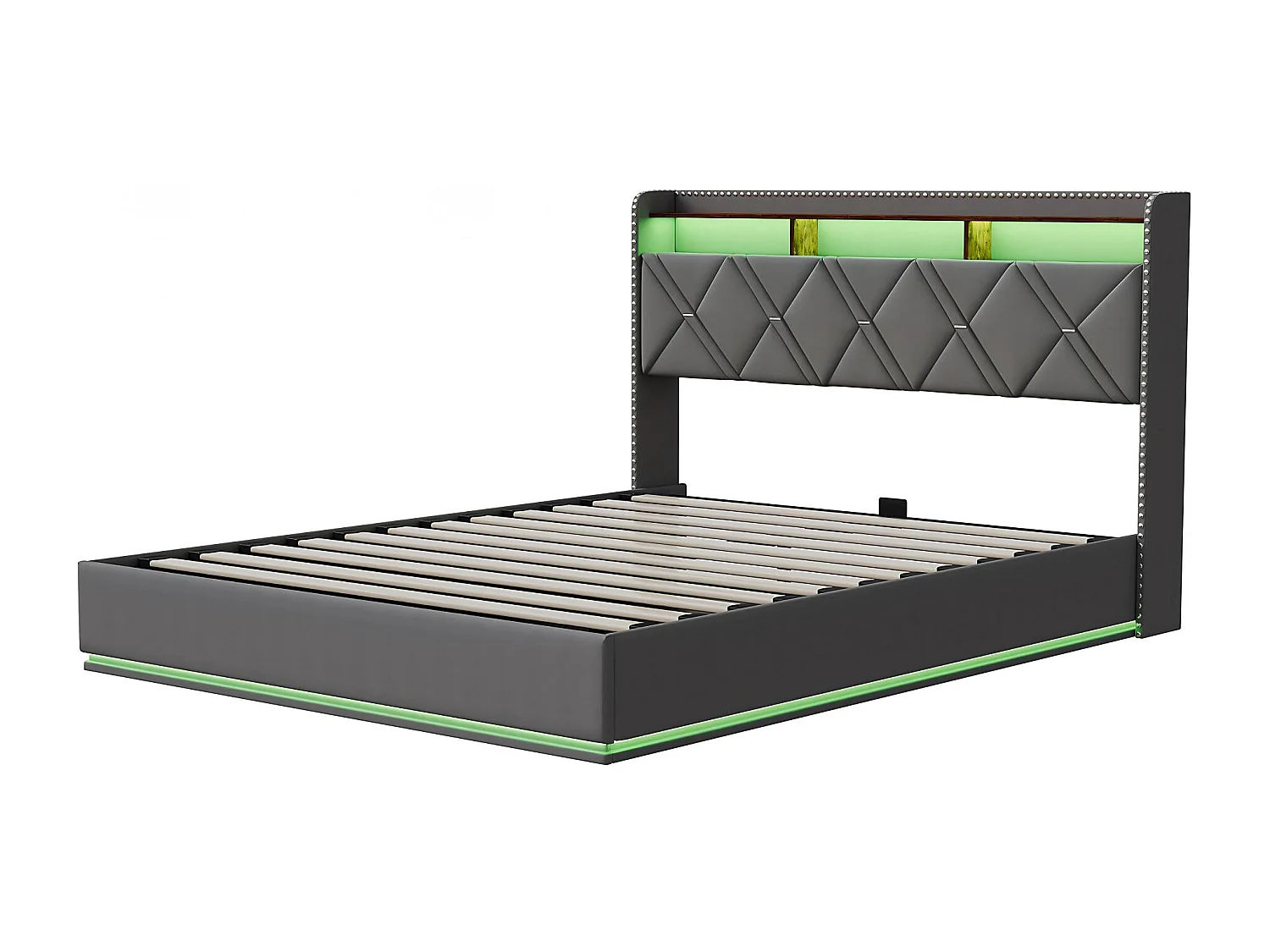 Lit coffre 140x200 cm - LED intégrée et rangement - Tête de lit avec étagères - Sommier relevable - Design moderne