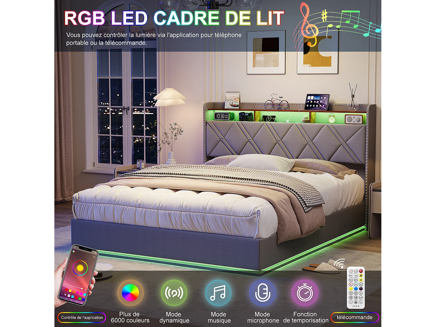 Lit coffre 140x200 cm - LED intégrée et rangement - Tête de lit avec étagères - Sommier relevable