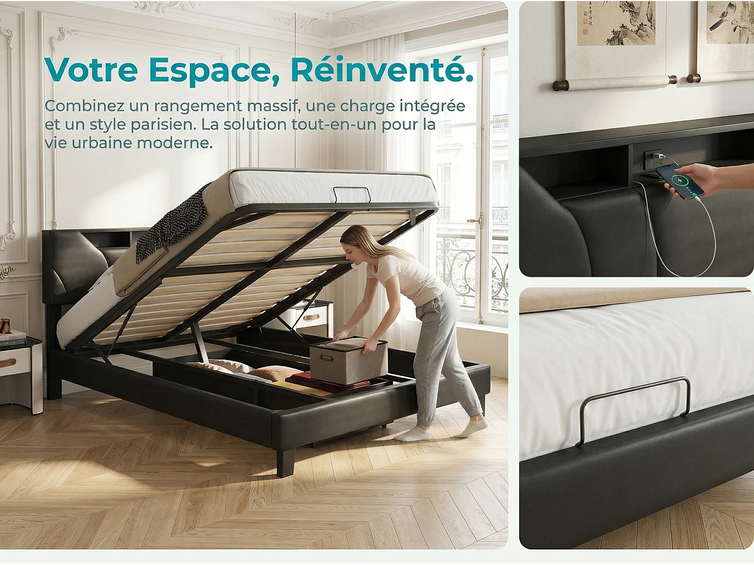 Lit flottant 140x200 cm - noir avec tête de lit rangement, cadre rembourré et sommier à lattes