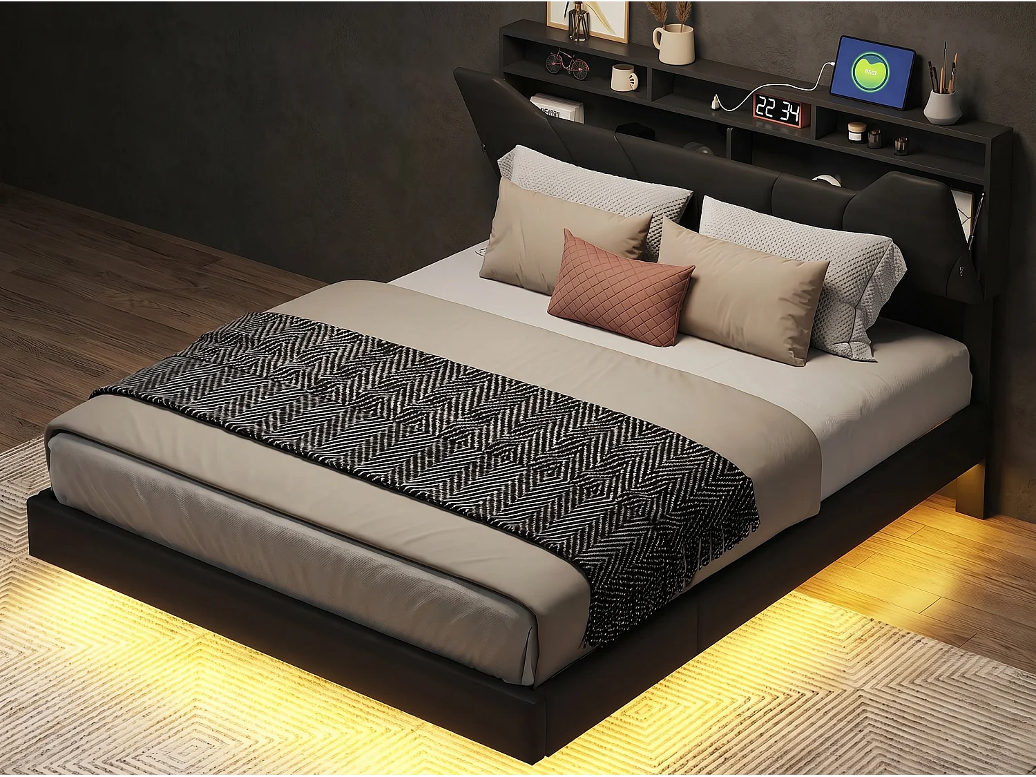 Lit flottant 140x200 cm - noir avec tête de lit rangement, cadre rembourré et sommier à lattes