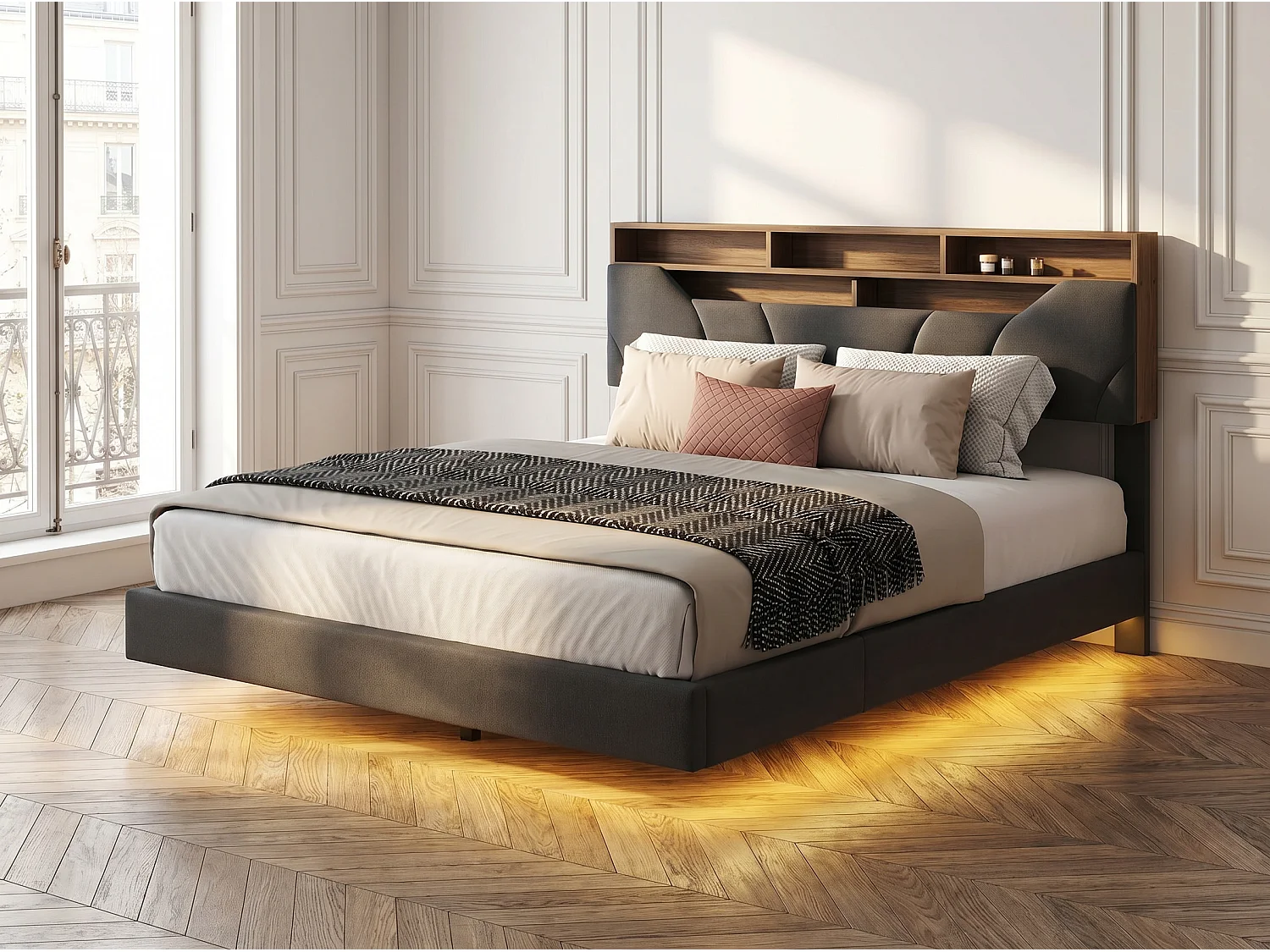 Lit flottant 140x200 cm - noir avec tête de lit rangement, cadre rembourré et sommier à lattes