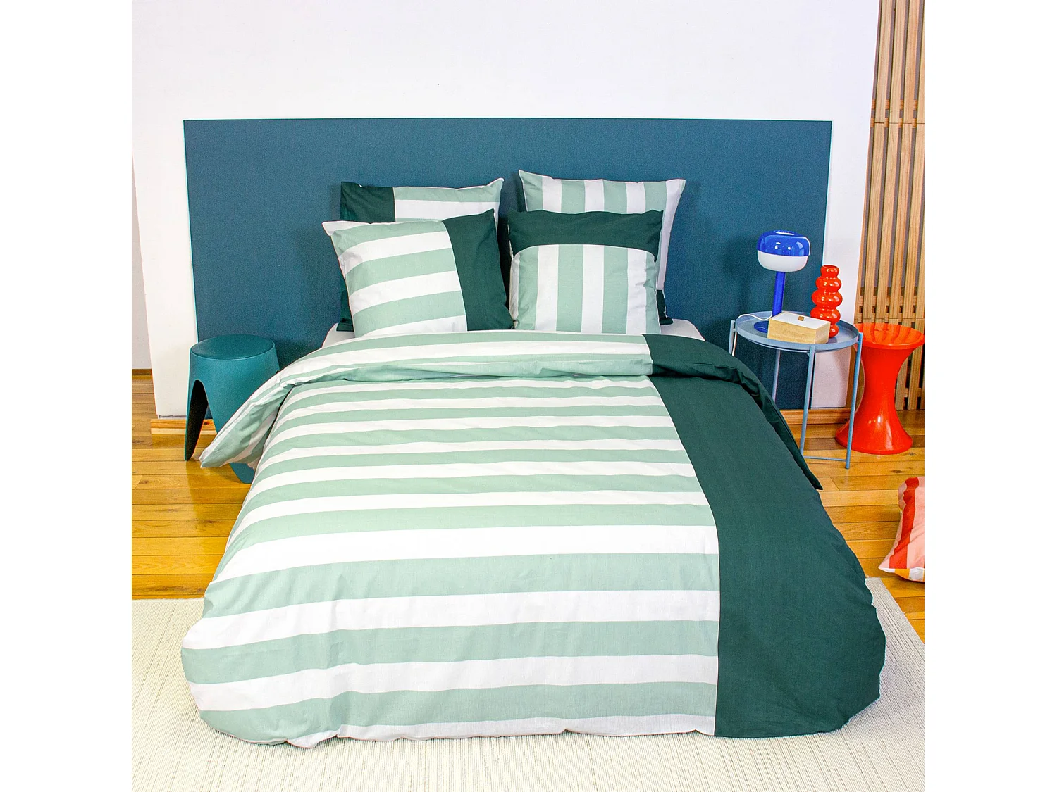 Parure de lit coton motifs rayures 2 places blanc et vert 260 x 240cm - Tendora