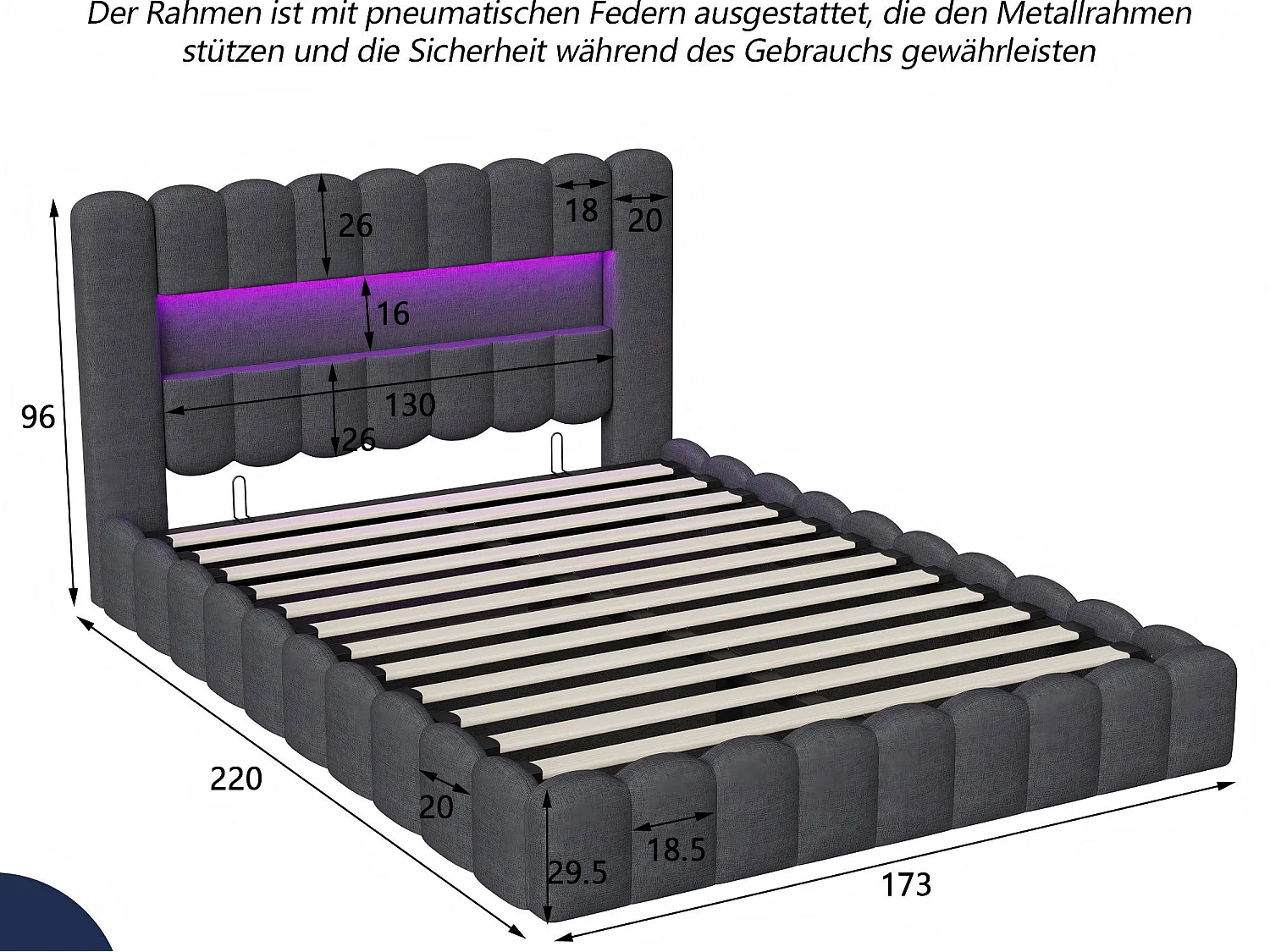Lit coffre 160x200 cm - Lit rembourré gris avec LED et port USB - Sommier relevable - Grand rangement - Design moderne