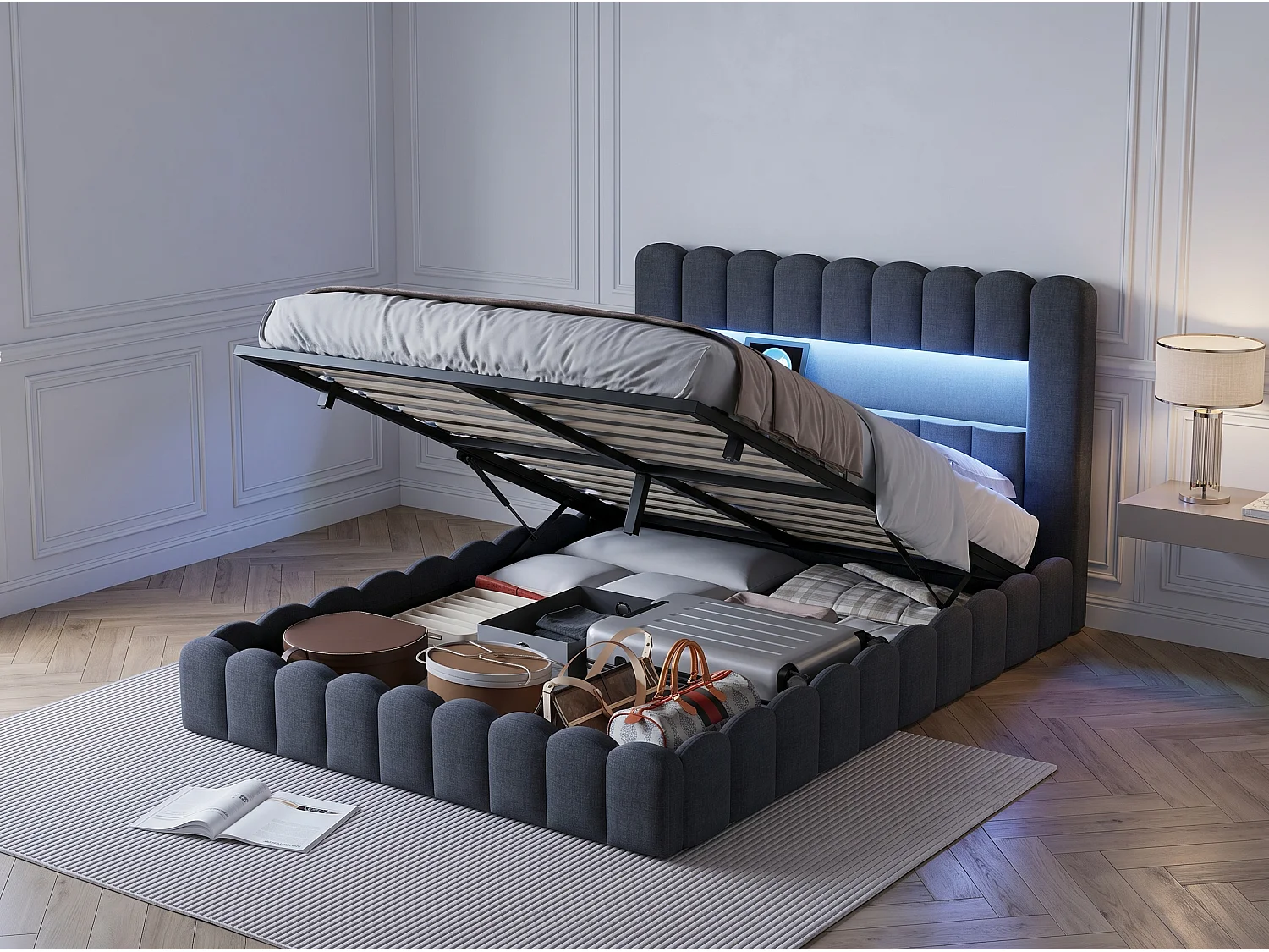 Lit coffre 160x200 cm - Lit rembourré gris avec LED et port USB - Sommier relevable - Grand rangement - Design moderne
