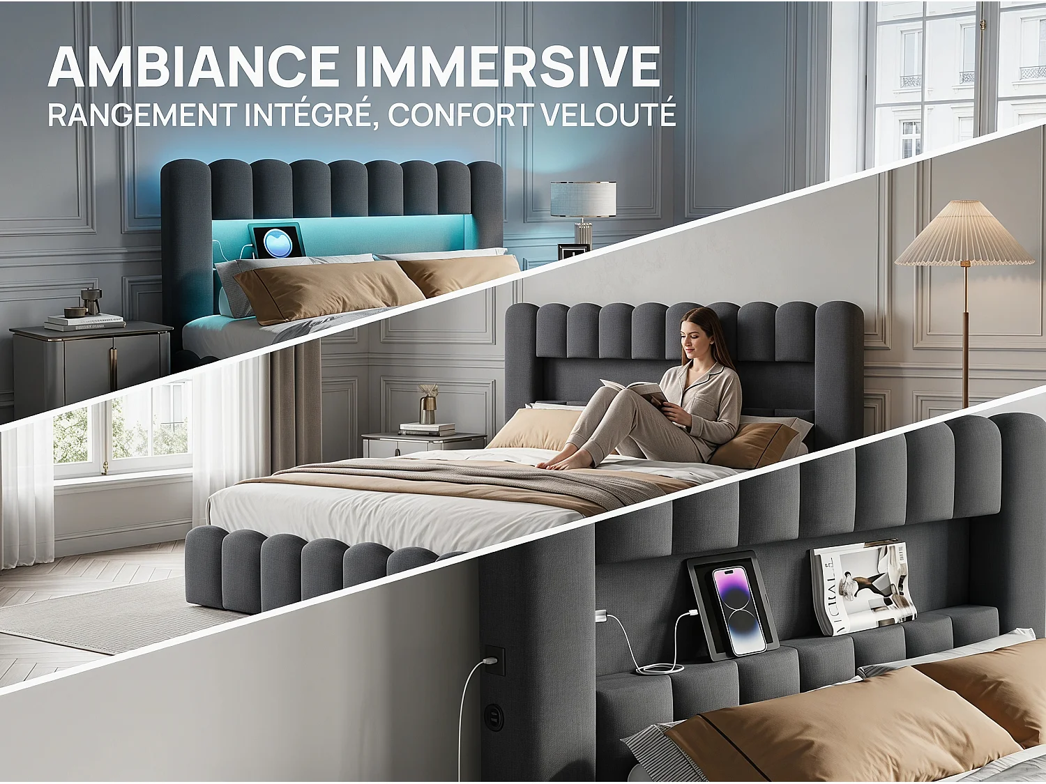 Lit coffre 160x200 cm - Lit rembourré gris avec LED et port USB - Sommier relevable - Grand rangement - Design moderne