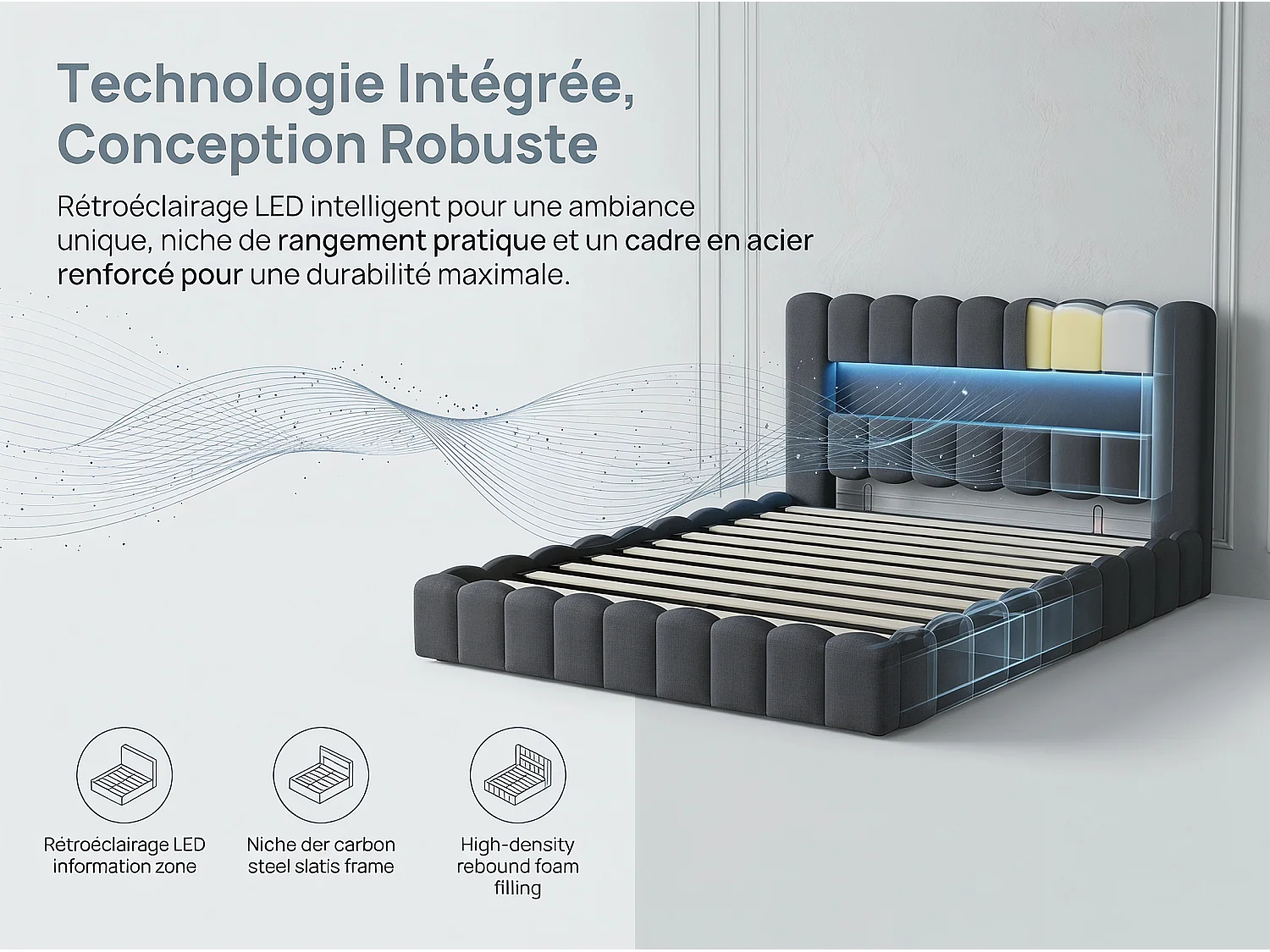 Lit coffre 160x200 cm - Lit rembourré gris avec LED et port USB - Sommier relevable - Grand rangement - Design moderne