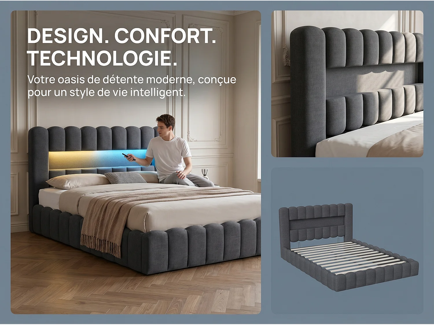Lit coffre 160x200 cm - Lit rembourré gris avec LED et port USB - Sommier relevable - Grand rangement - Design moderne