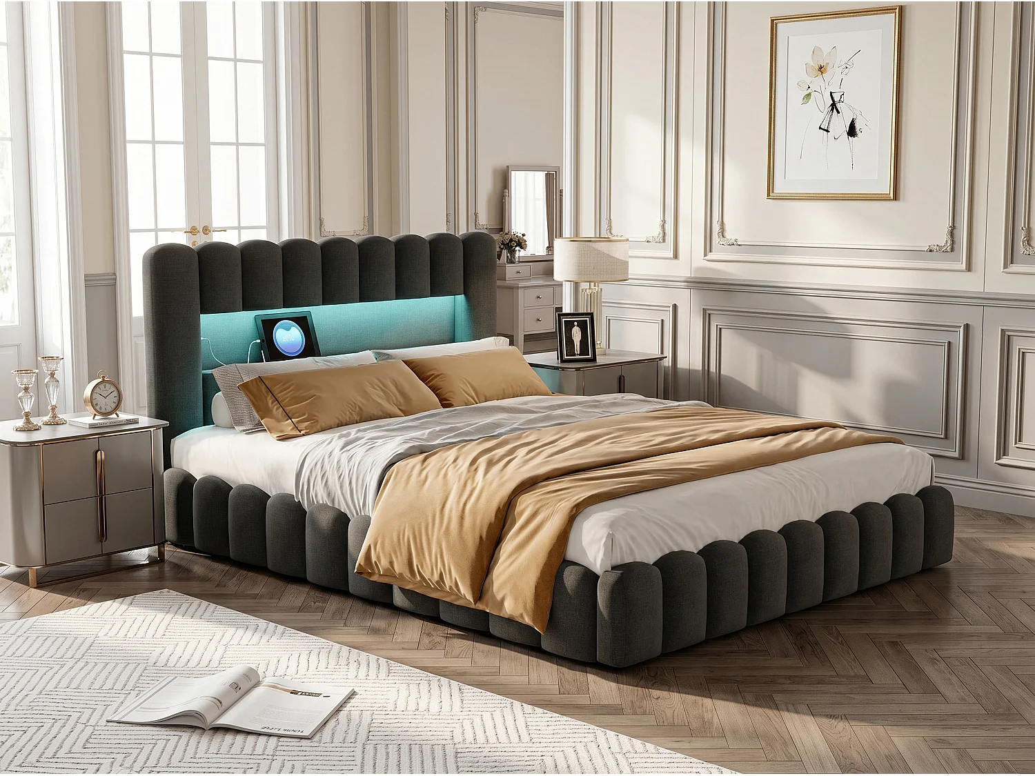 Lit coffre 160x200 cm - Lit rembourré gris avec LED et port USB - Sommier relevable - Grand rangement - Design moderne
