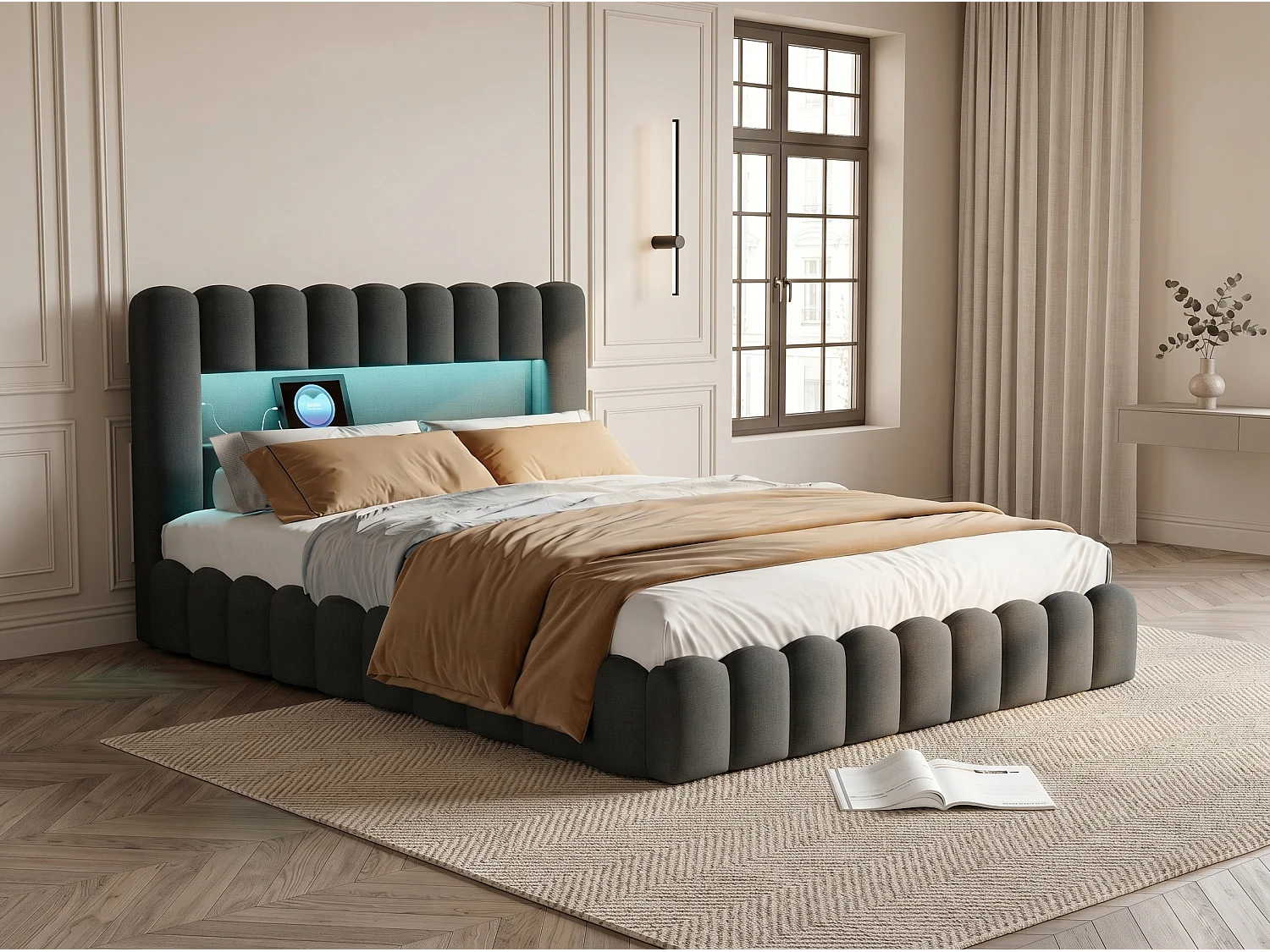 Lit coffre 160x200 cm - Lit rembourré gris avec LED et port USB - Sommier relevable - Grand rangement - Design moderne