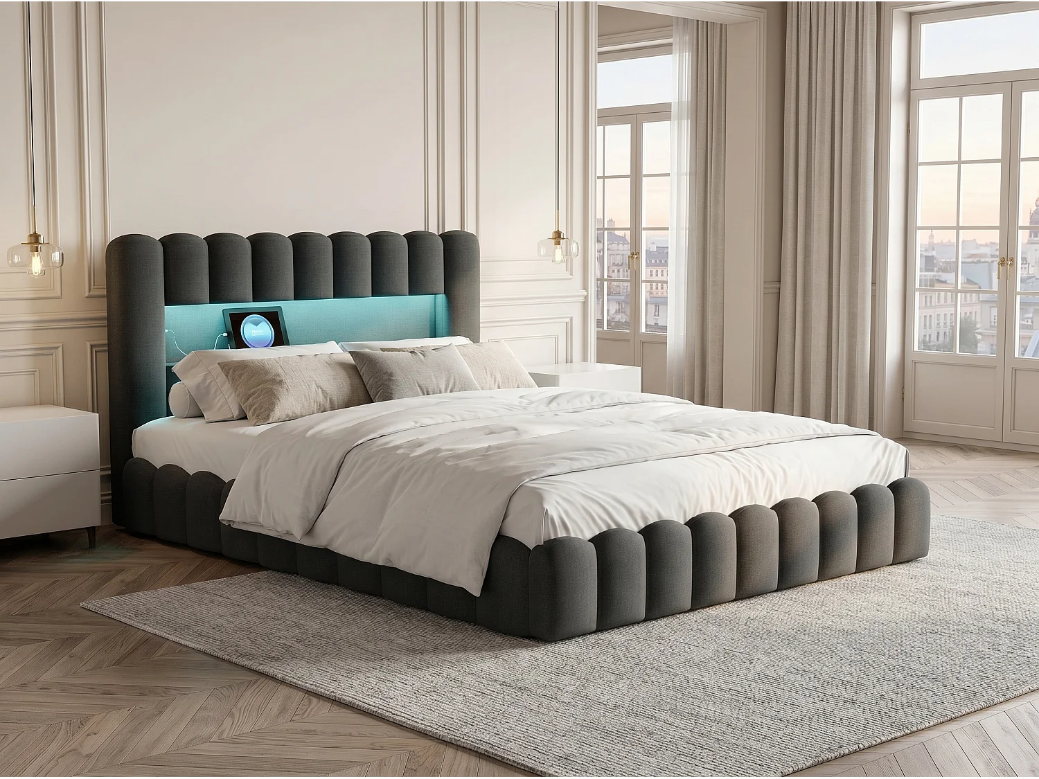 Lit coffre 140x200 cm - Lit rembourré gris avec LED et port USB - Sommier relevable - Grand rangement - Design moderne