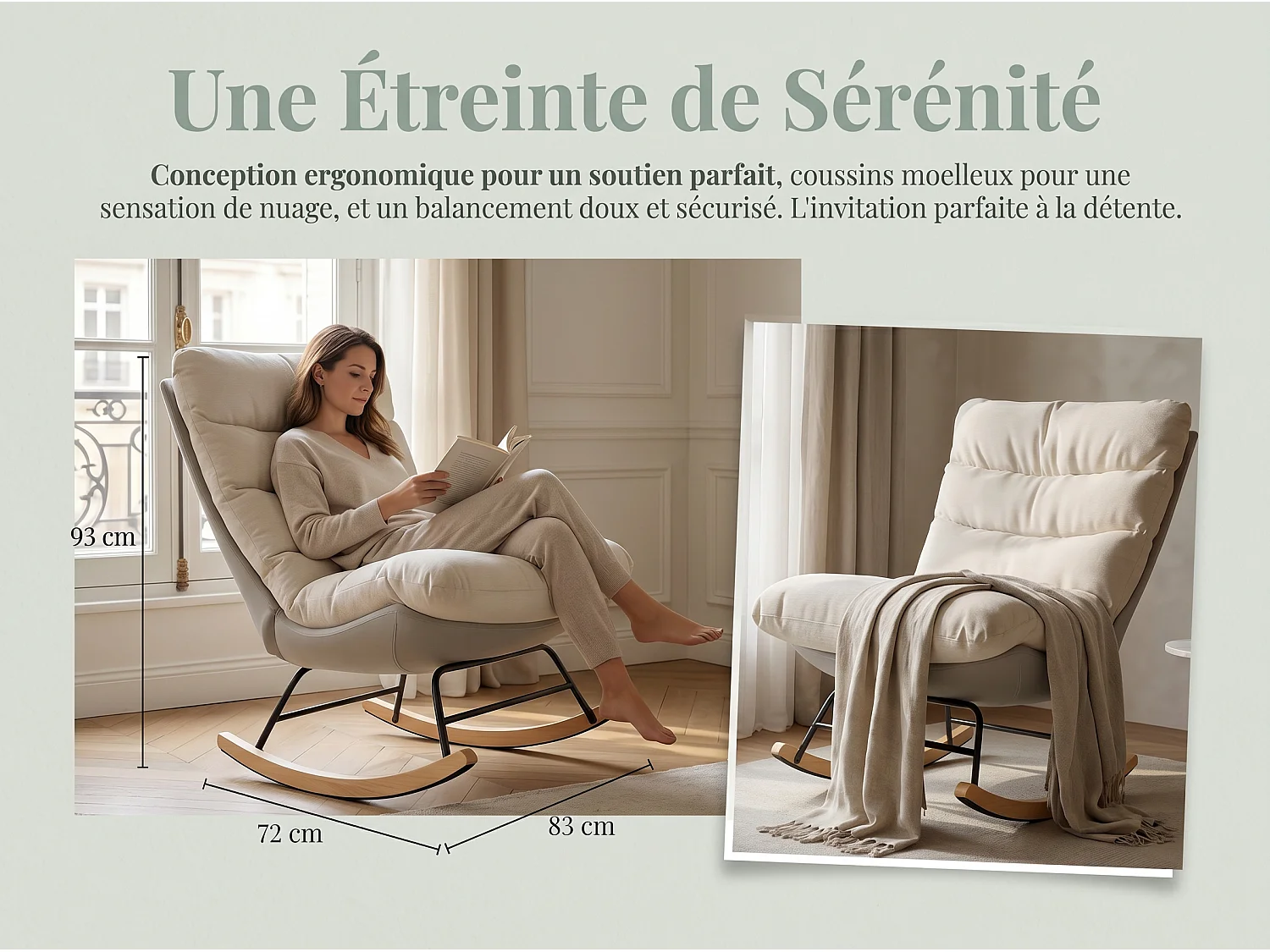 Fauteuil à Bascule Adulte - Chaise à Bascule d'extérieur Ergonomique - pour Salon - Jardin - Chambre - Beige