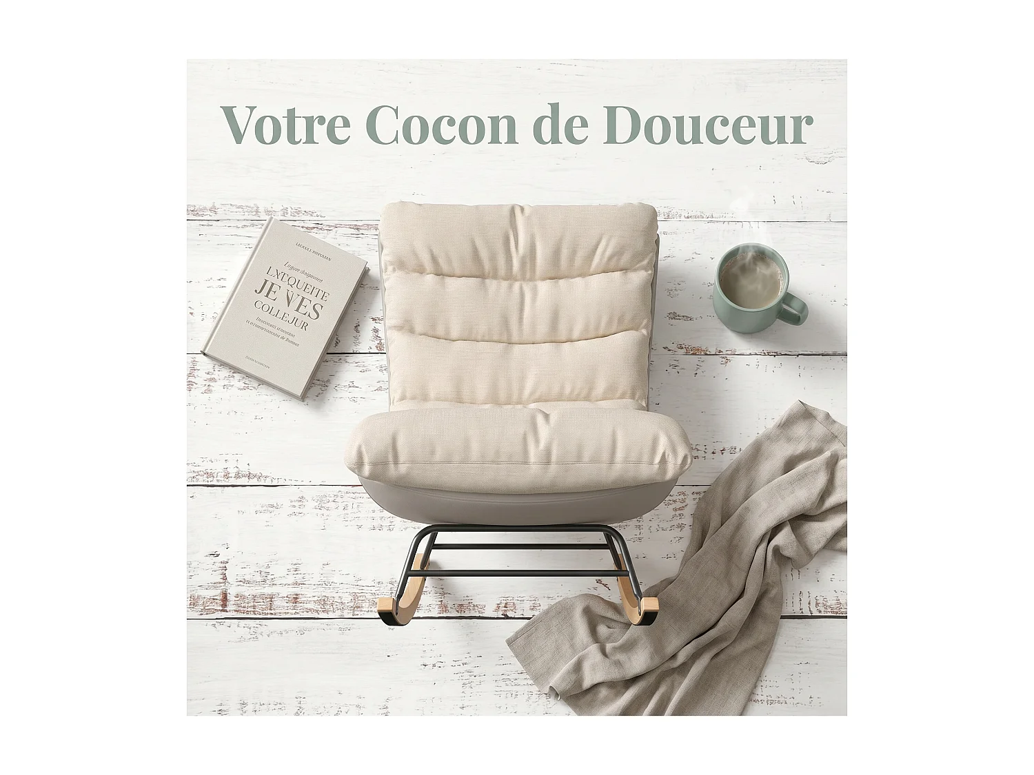 Fauteuil à Bascule Adulte - Chaise à Bascule d'extérieur Ergonomique - pour Salon - Jardin - Chambre - Beige