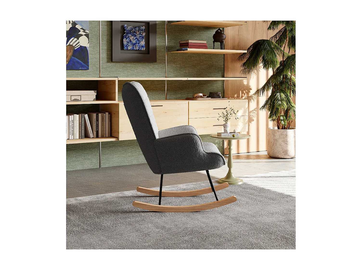 Fauteuil à bascule en tissu bouclé  gris avec accoudoirs, rocking chair confortable avec structure bois et métal, fauteuil relaxation pour salon chambre