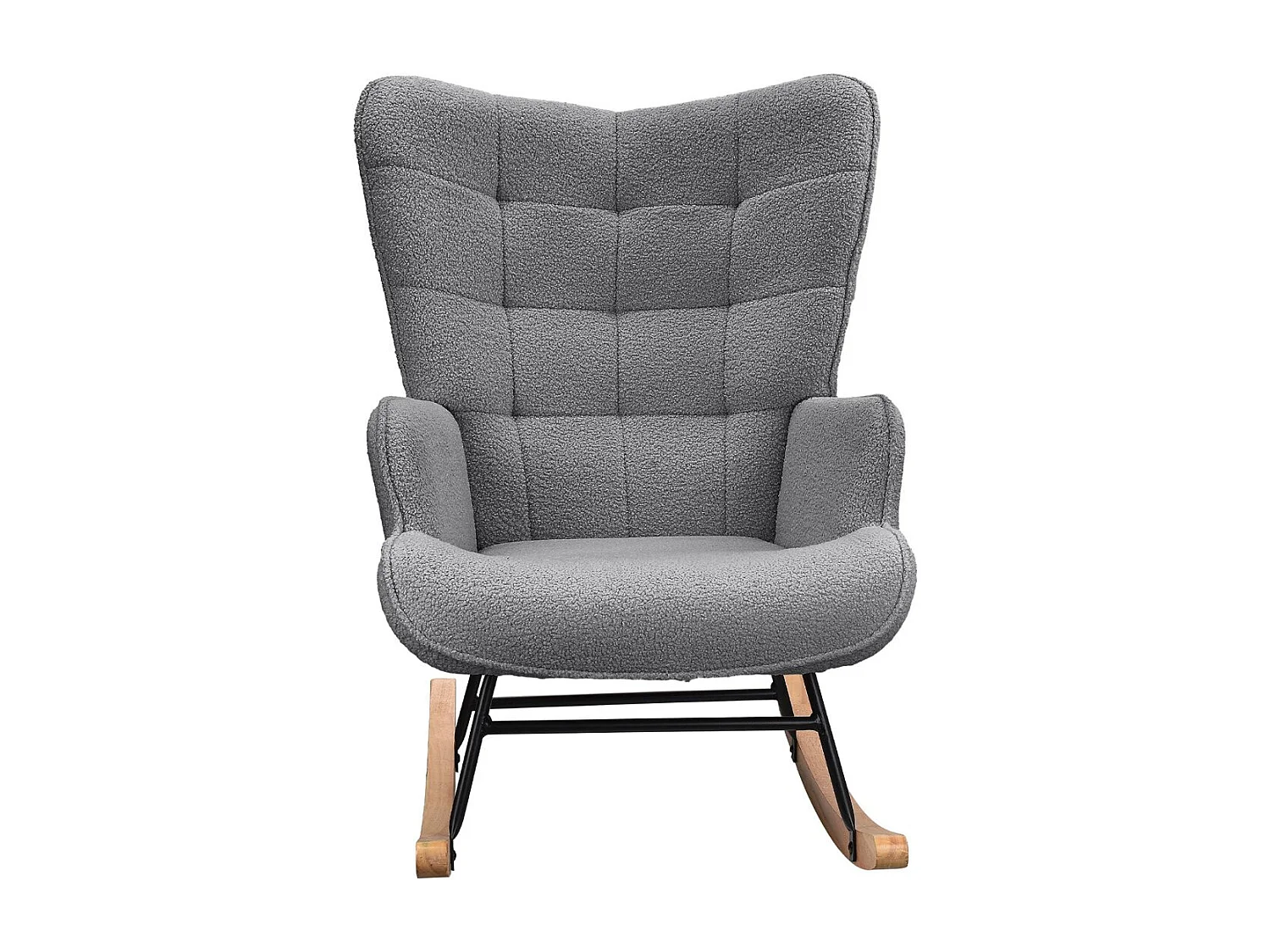 Fauteuil à bascule en tissu bouclé  gris avec accoudoirs, rocking chair confortable avec structure bois et métal, fauteuil relaxation pour salon chambre