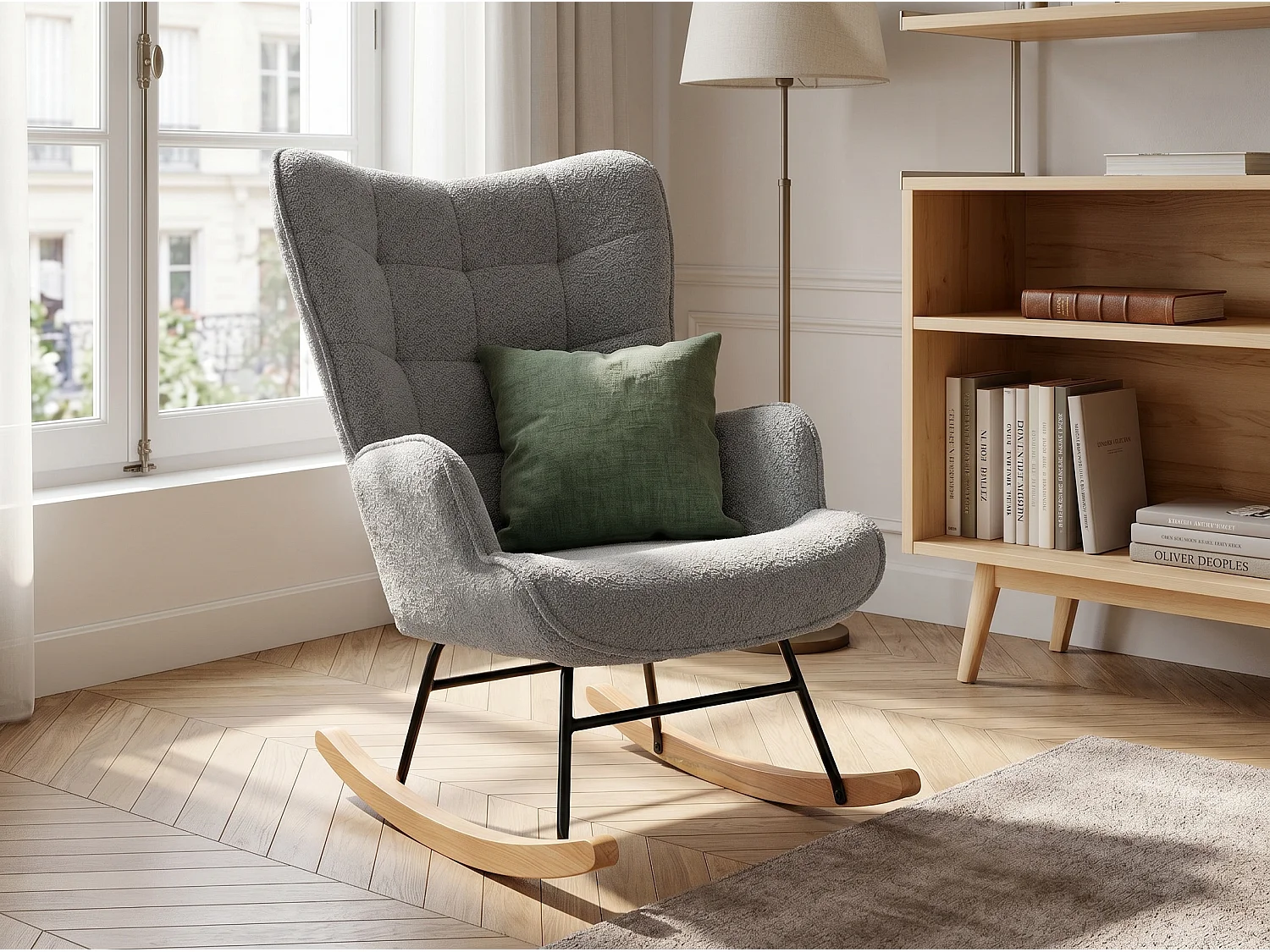 Fauteuil à bascule en tissu bouclé  gris avec accoudoirs, rocking chair confortable avec structure bois et métal, fauteuil relaxation pour salon chambre