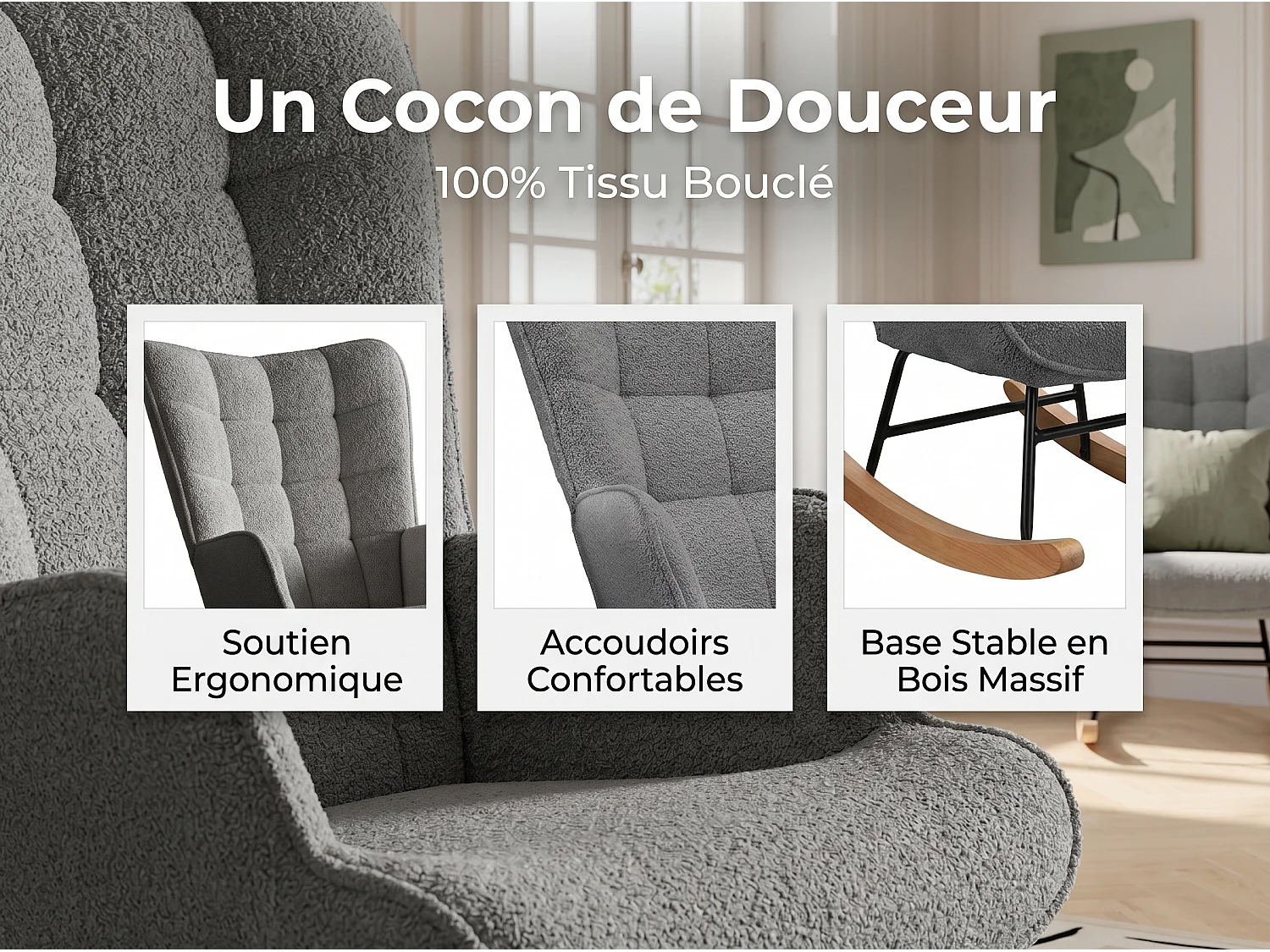Fauteuil à bascule en tissu bouclé  gris avec accoudoirs, rocking chair confortable avec structure bois et métal, fauteuil relaxation pour salon chambre