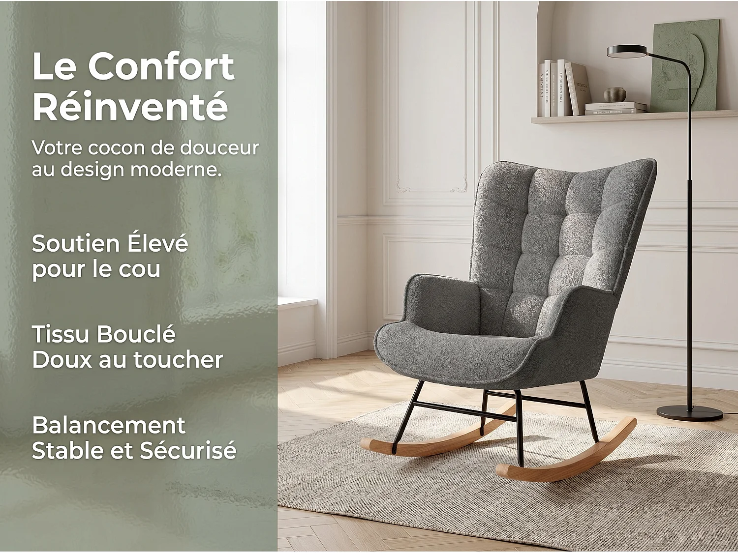 Fauteuil à bascule en tissu bouclé  gris avec accoudoirs, rocking chair confortable avec structure bois et métal, fauteuil relaxation pour salon chambre