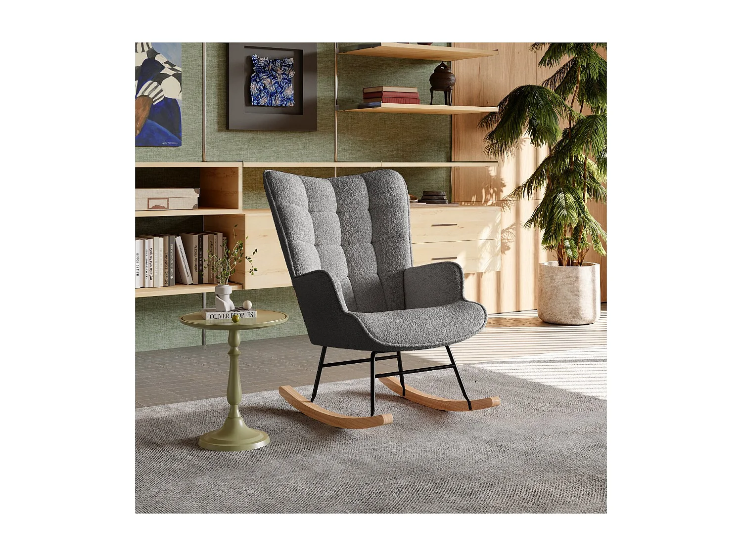 Fauteuil à bascule en tissu bouclé  gris avec accoudoirs, rocking chair confortable avec structure bois et métal, fauteuil relaxation pour salon chambre