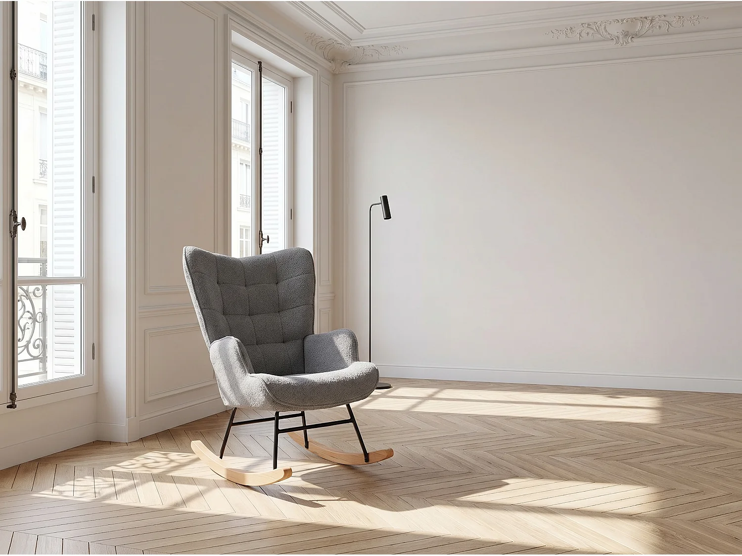 Fauteuil à bascule en tissu bouclé  gris avec accoudoirs, rocking chair confortable avec structure bois et métal, fauteuil relaxation pour salon chambre