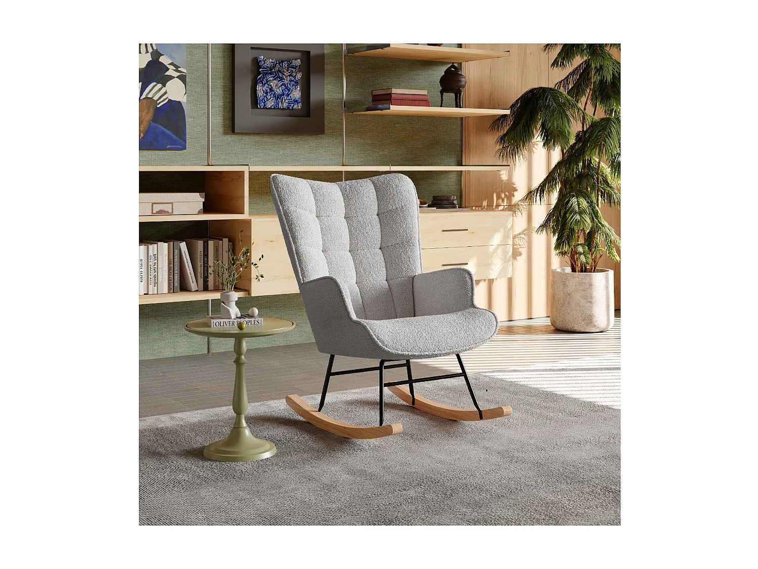Fauteuil à bascule en tissu bouclé  gris avec accoudoirs, rocking chair confortable avec structure bois et métal, fauteuil relaxation pour salon chambre