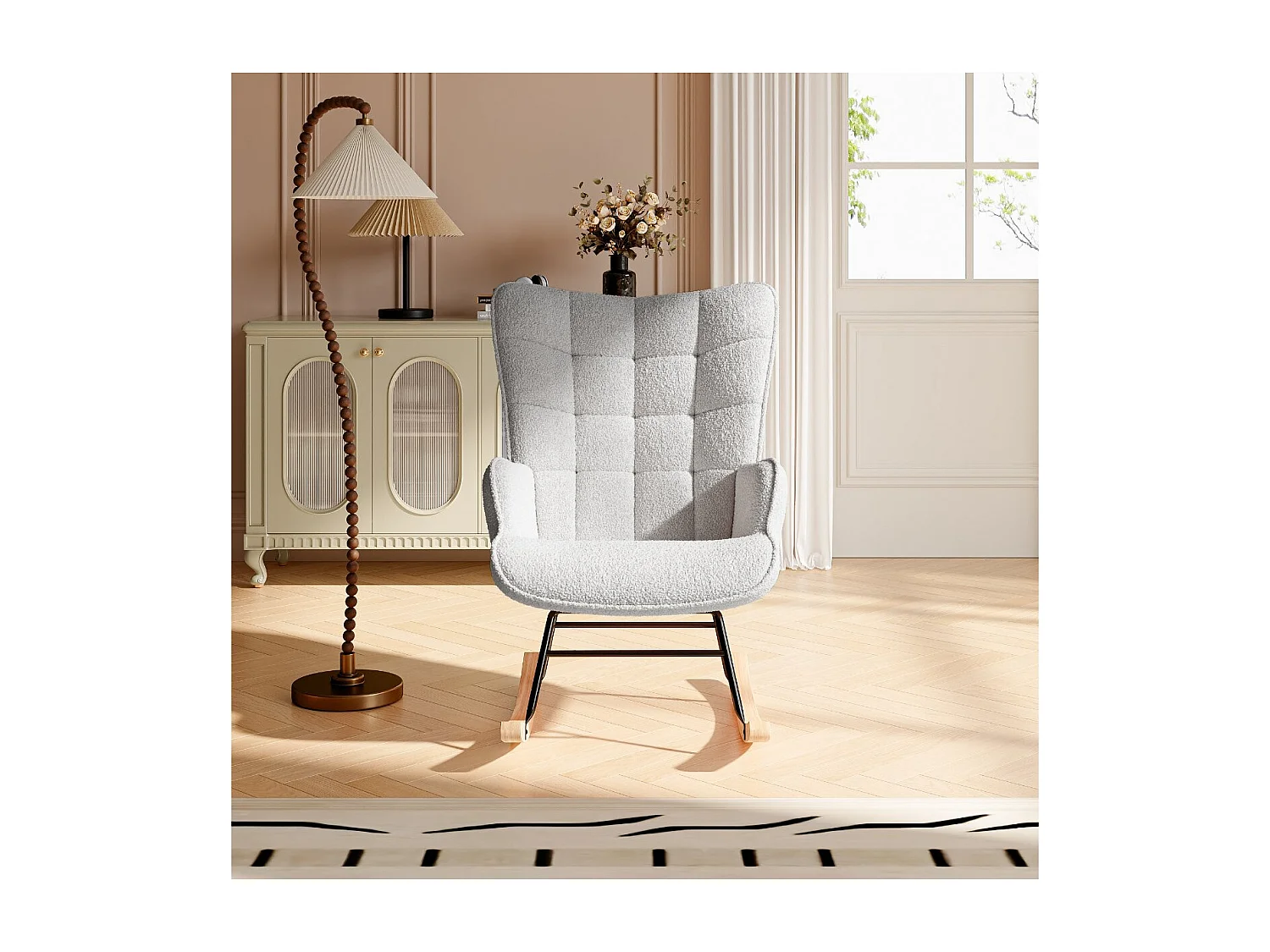 Fauteuil à bascule en tissu bouclé  gris avec accoudoirs, rocking chair confortable avec structure bois et métal, fauteuil relaxation pour salon chambre