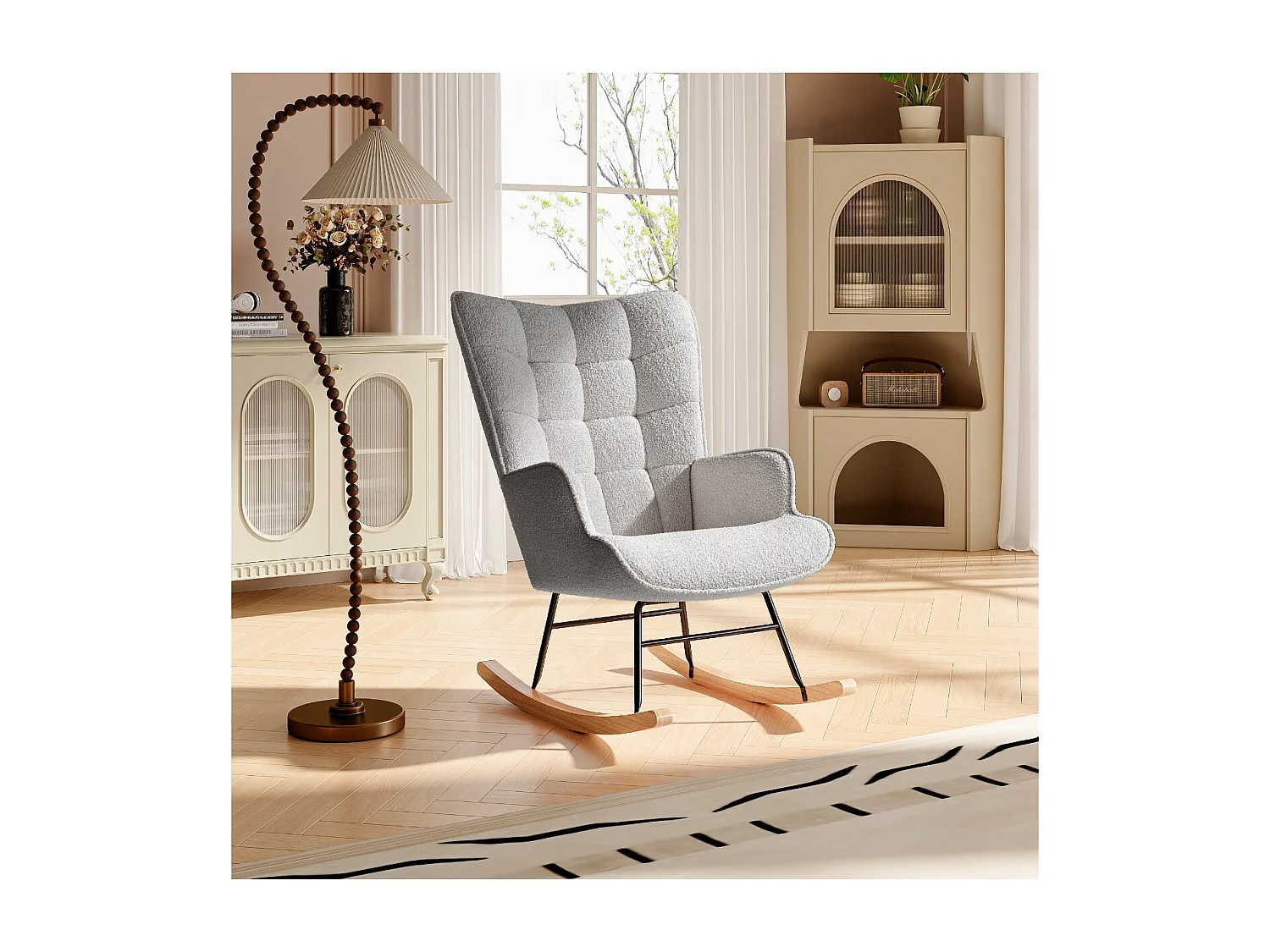 Fauteuil à bascule en tissu bouclé  gris avec accoudoirs, rocking chair confortable avec structure bois et métal, fauteuil relaxation pour salon chambre