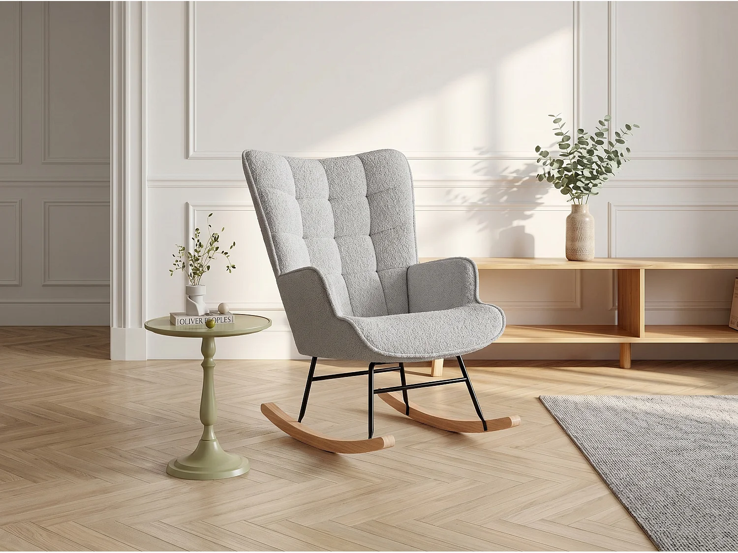 Fauteuil à bascule en tissu bouclé  gris avec accoudoirs, rocking chair confortable avec structure bois et métal, fauteuil relaxation pour salon chambre