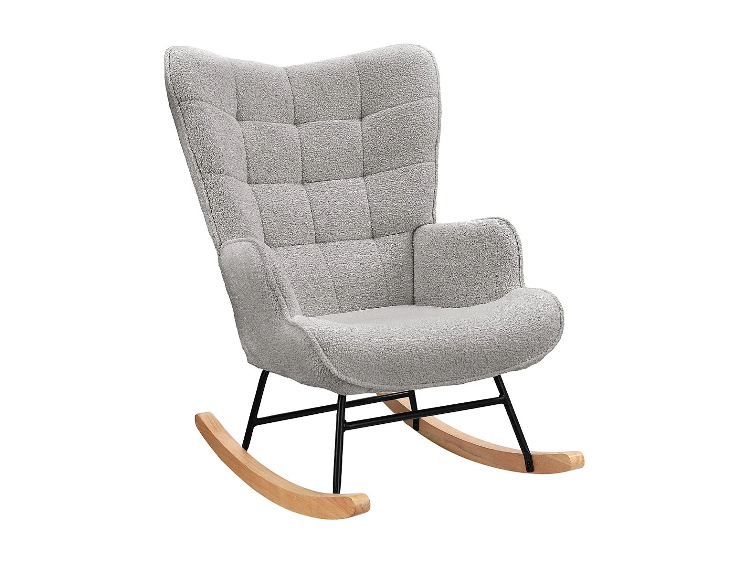 Fauteuil à bascule en tissu bouclé  gris avec accoudoirs, rocking chair confortable avec structure bois et métal, fauteuil relaxation pour salon chambre