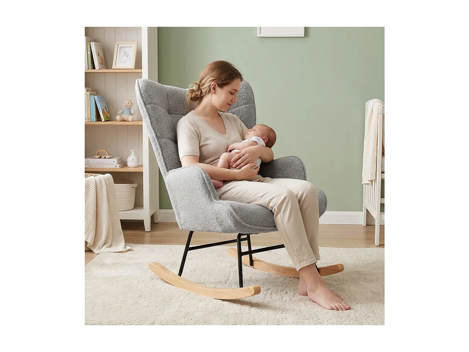 Fauteuil à bascule en tissu bouclé  gris avec accoudoirs, rocking chair confortable avec structure bois et métal, fauteuil relaxation pour salon chambre